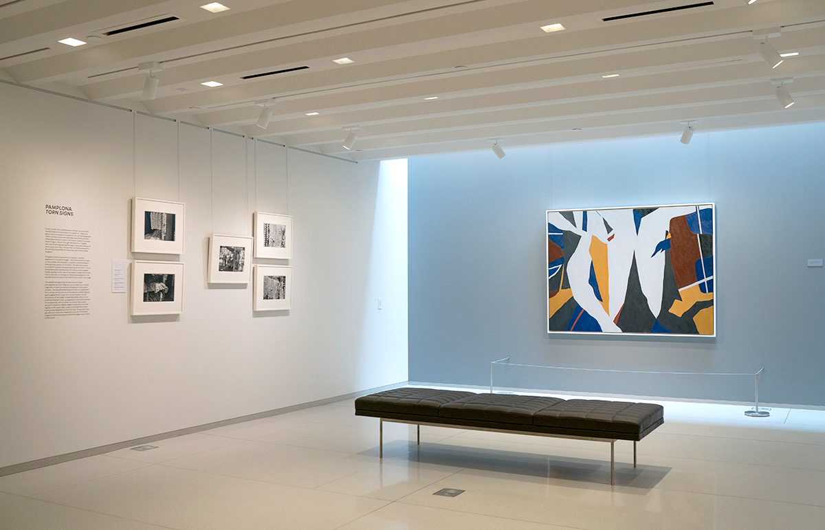 A photo of the Vilcek gallery with a few works from the 'Ralston Crawford: Torn Signs' exhibition.