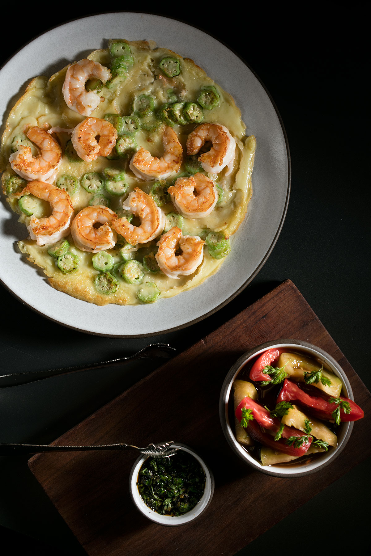 Shrimp and Okra Pancakes with Charred Scallion Dipping Sauce.