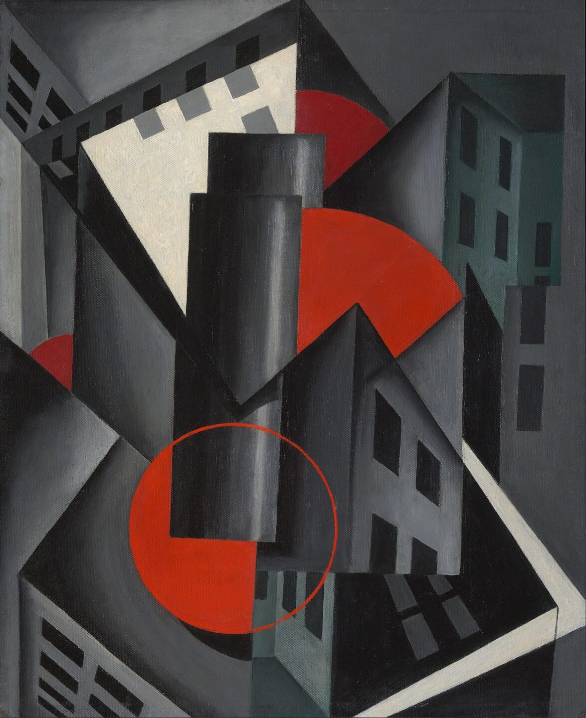 Red circles surrounded by a greyscale geometric shapes resembling buildings.