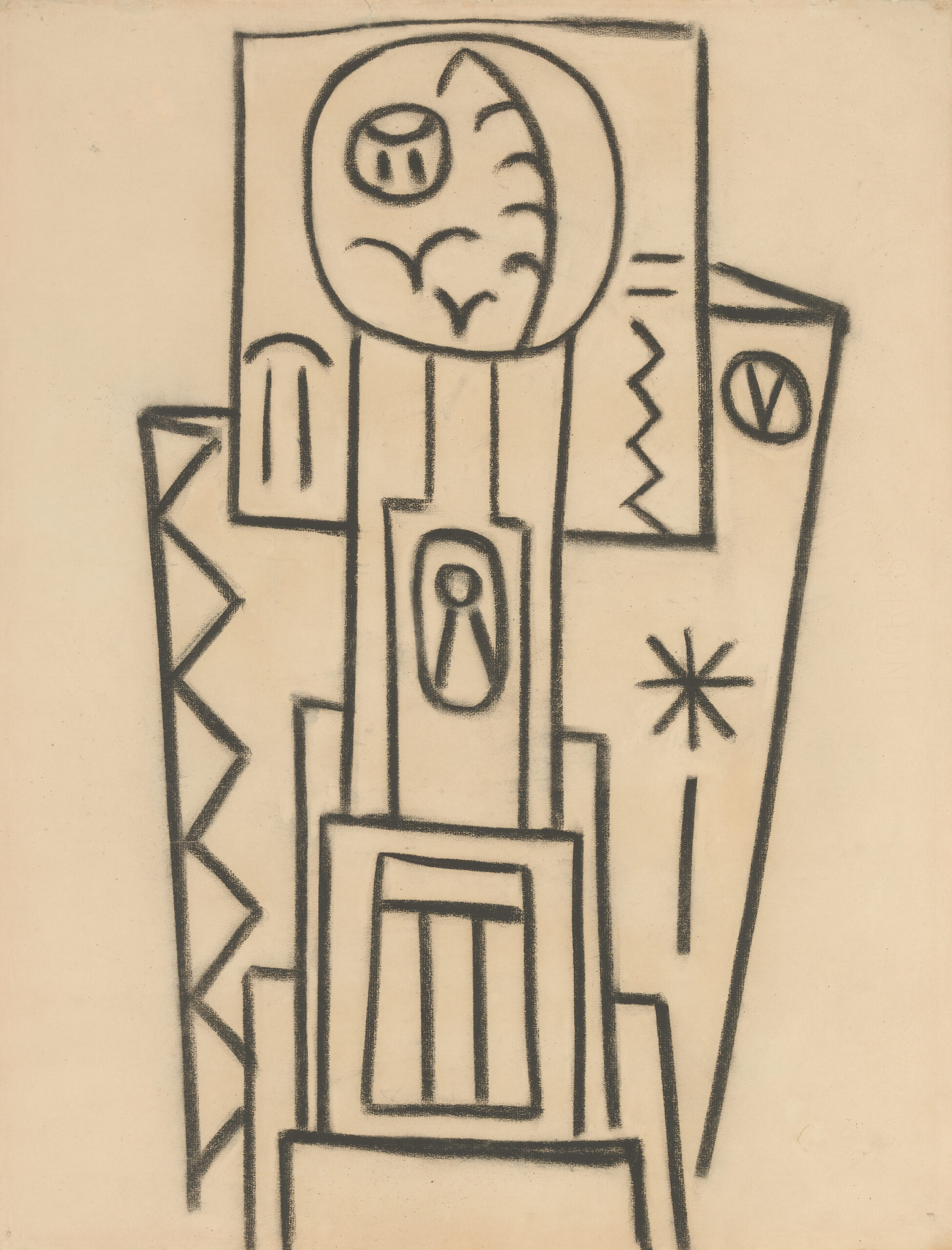 A charcoal drawing featuring appropriated Native American symbols and imagery associated.