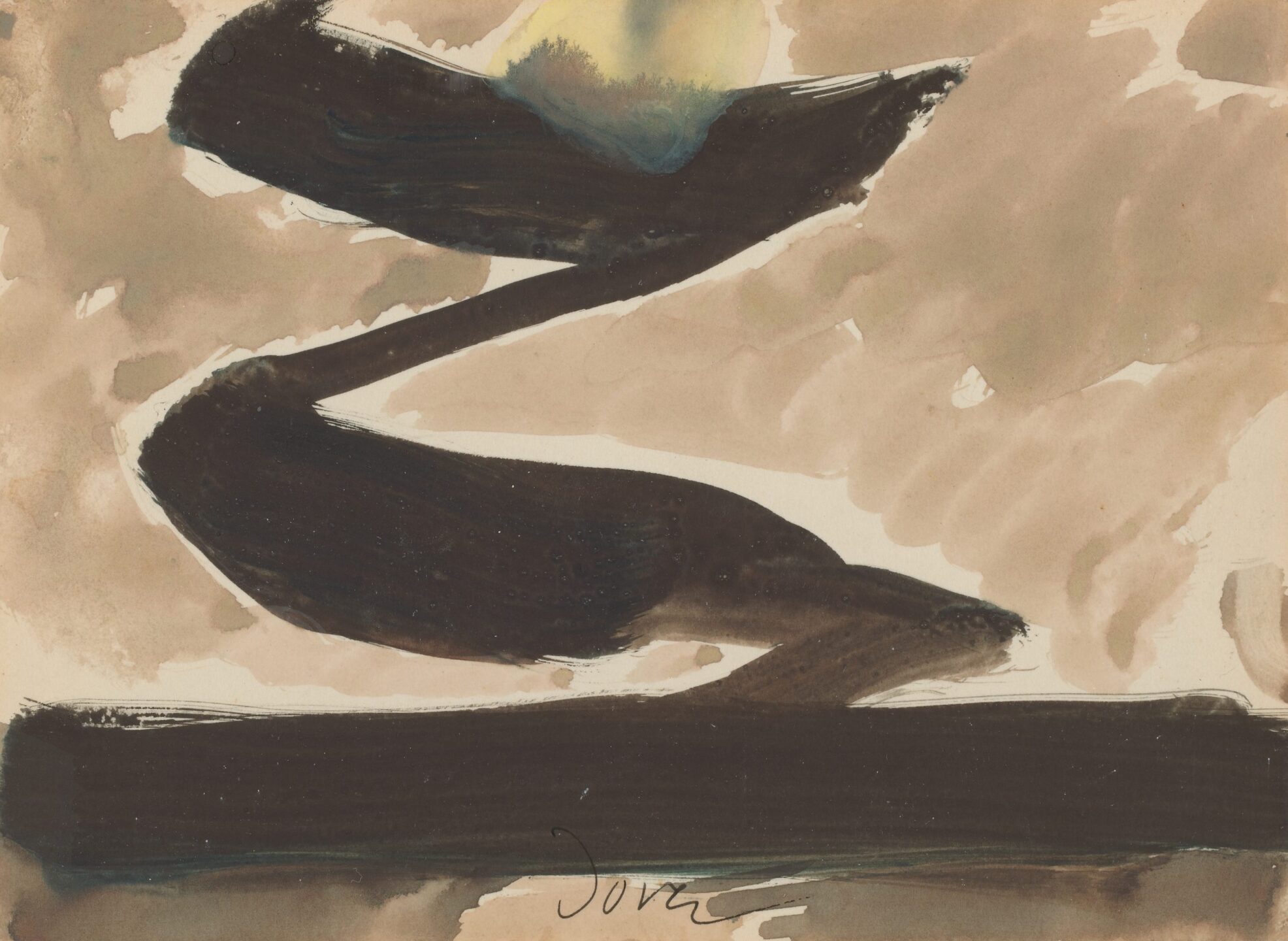 A beige sky with a yellow sun, and a black Z-shape centered between the sun and a black horizontal line at the bottom of the paper.