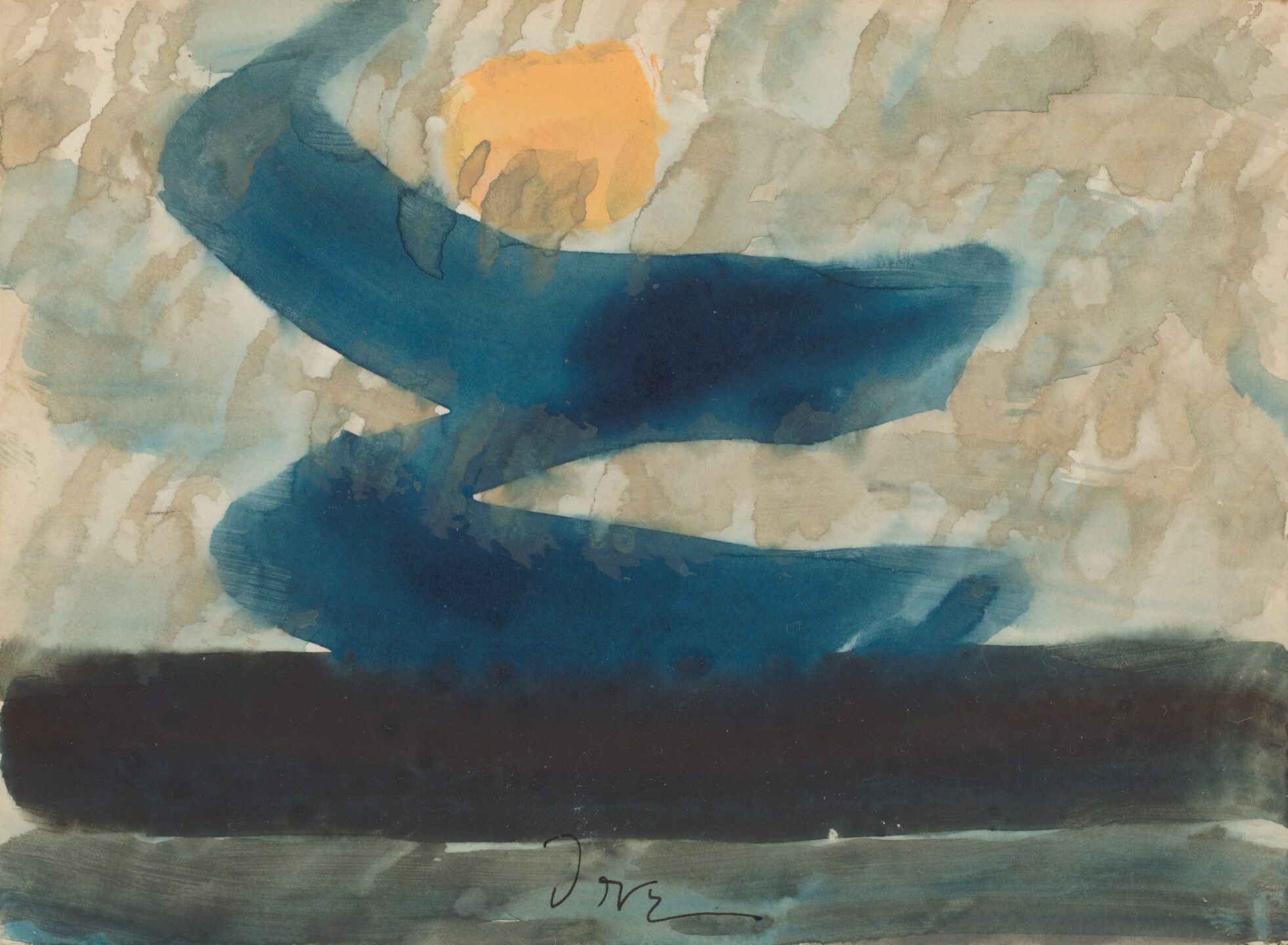 A beige sky indicated by rain-like brush strokes with a yellow sun, and a blue Z-shape between the sun and a black horizontal line at the bottom of the paper.