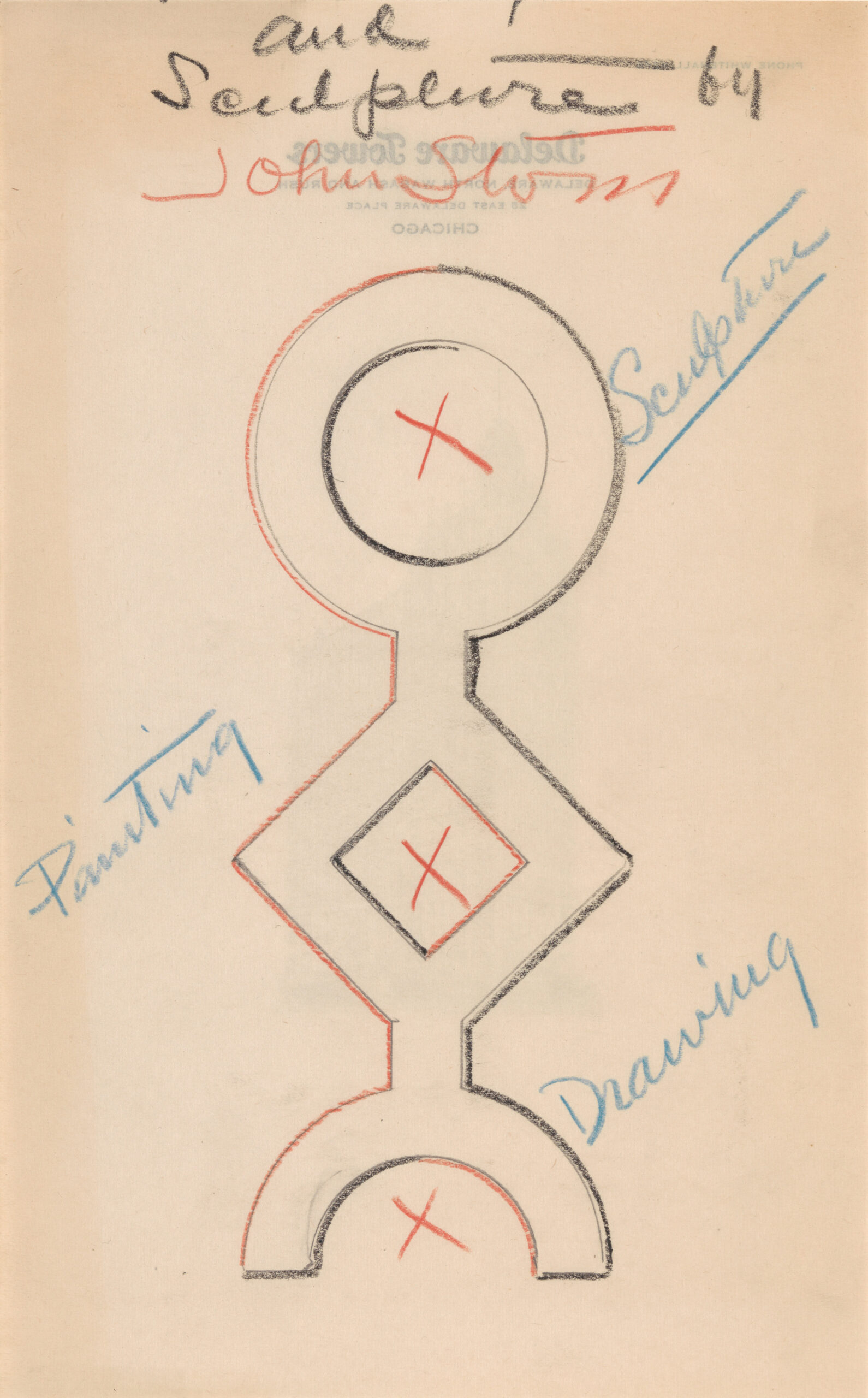 A pencil drawing of a totem-like figure of a circle representing sculpture, a diamond representing painting and a half circle representing drawing.