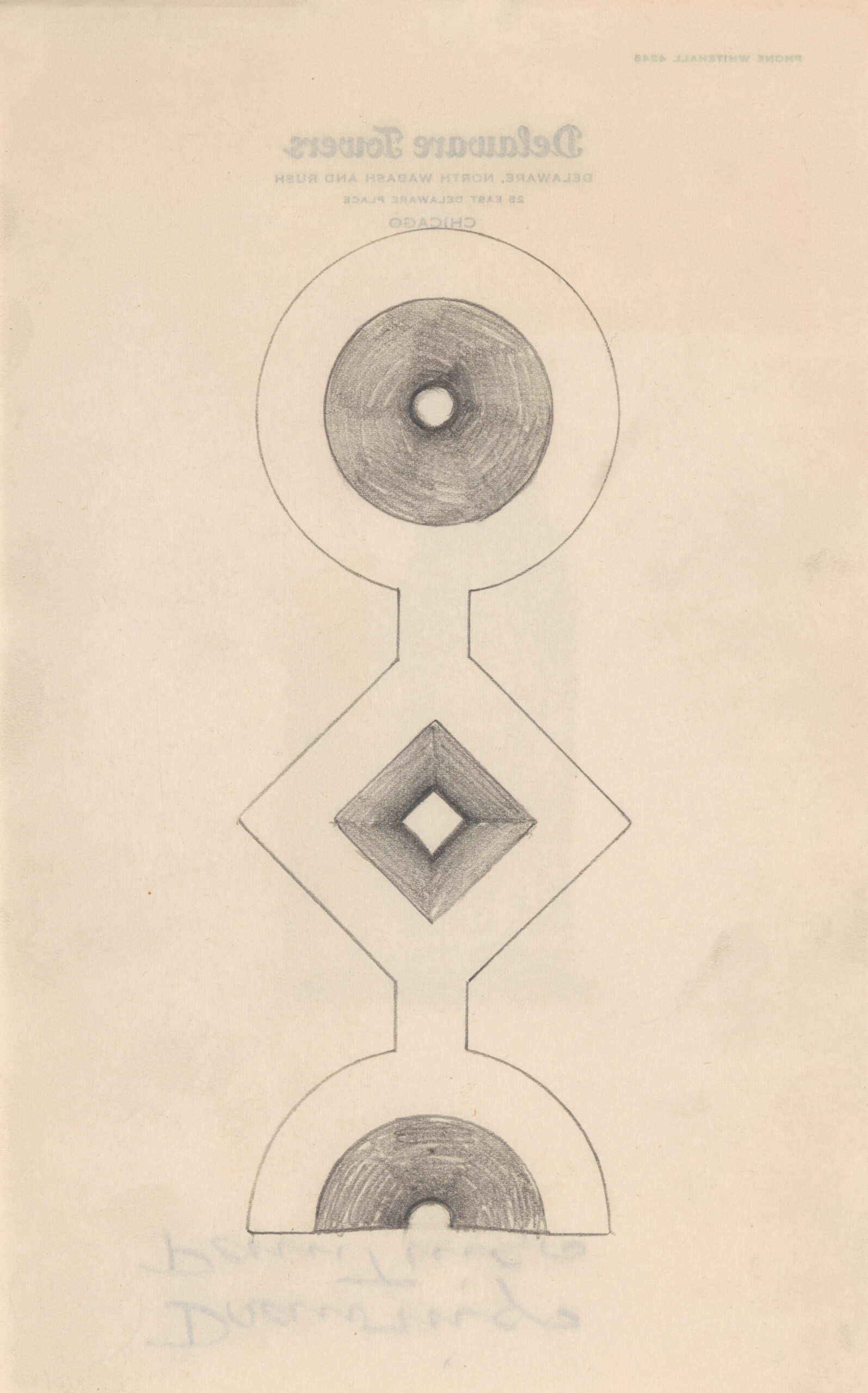 A pencil drawing of a totem-like figure made of a circle and diamond that ends on a half circle.