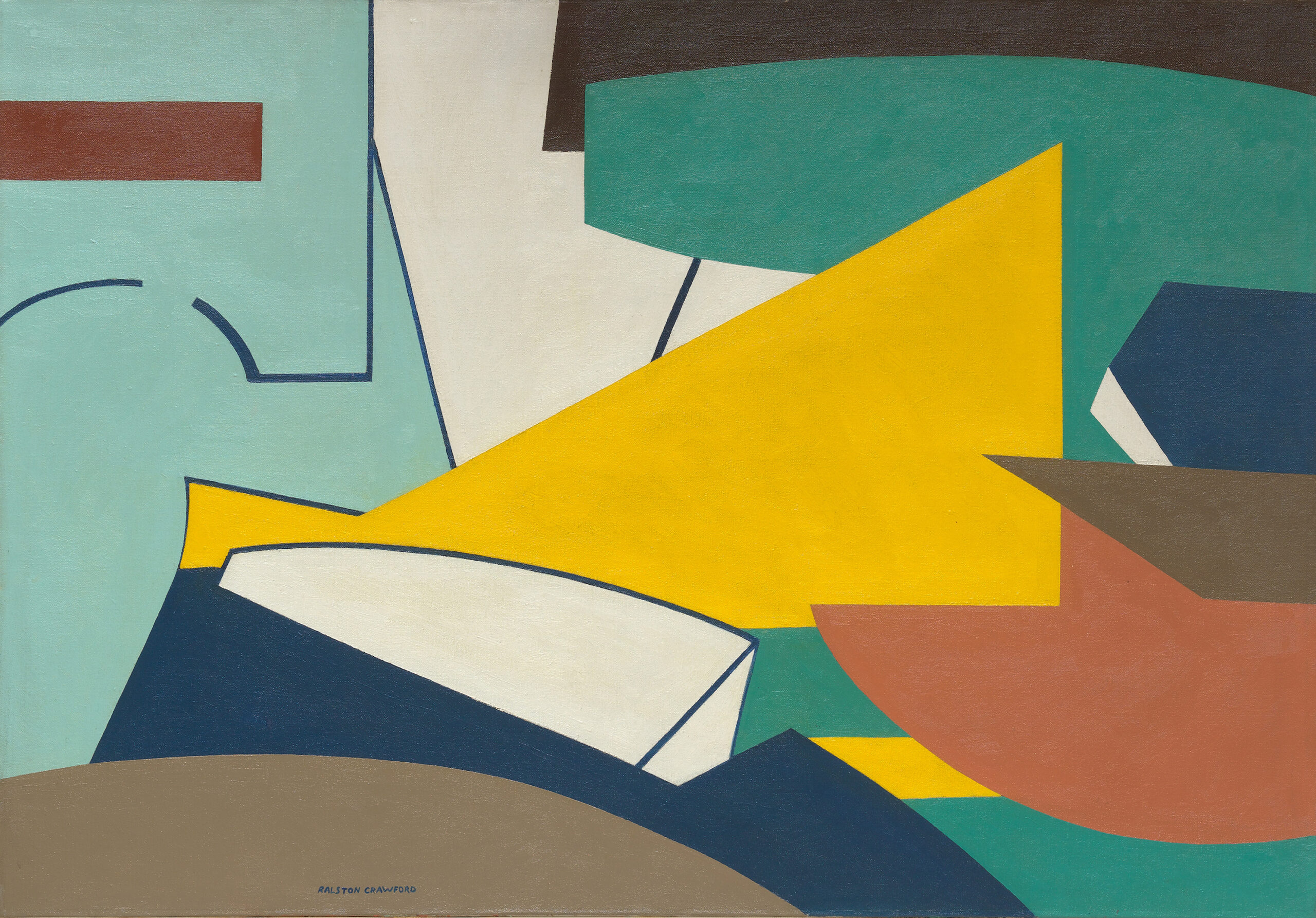 Abstracted view of an aircraft factory with curved shapes in teal, white, and brown floating in space and a yellow triangular shape at the center.