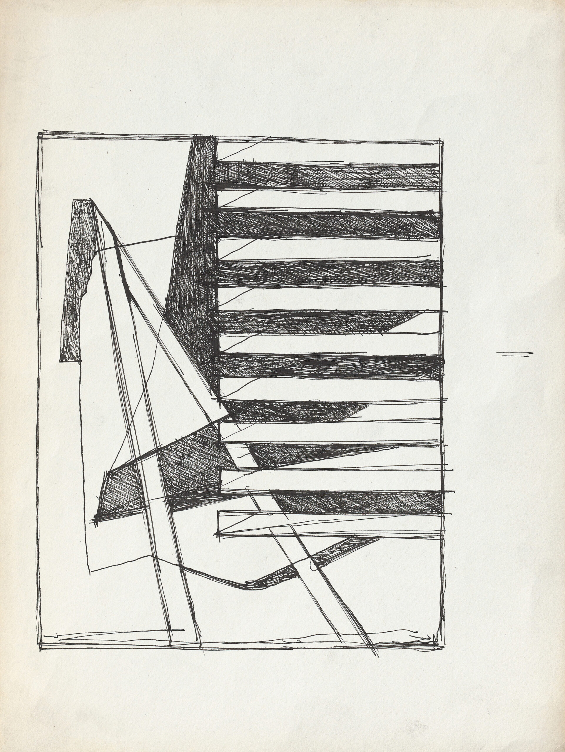 Abstracted ink study of an aircraft plant featuring a triangular shape set against horizontal stripes.
