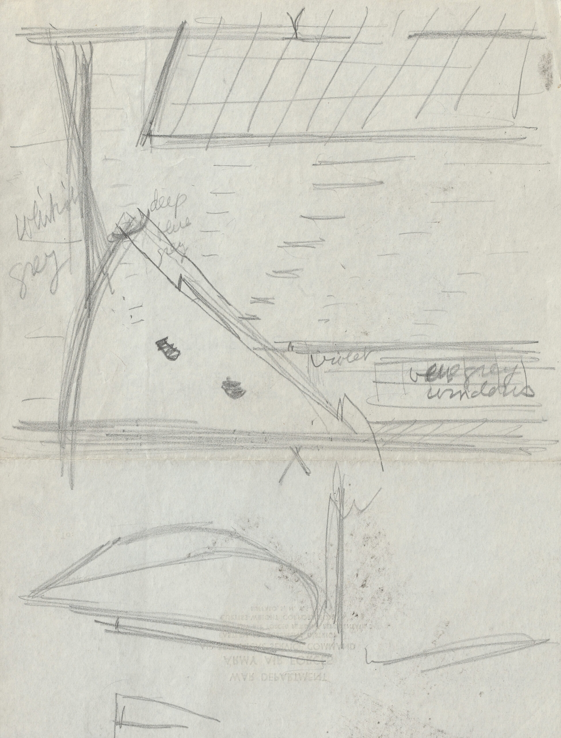 Pencil sketch of an aircraft wing inside a factory with rows of overhead lights.