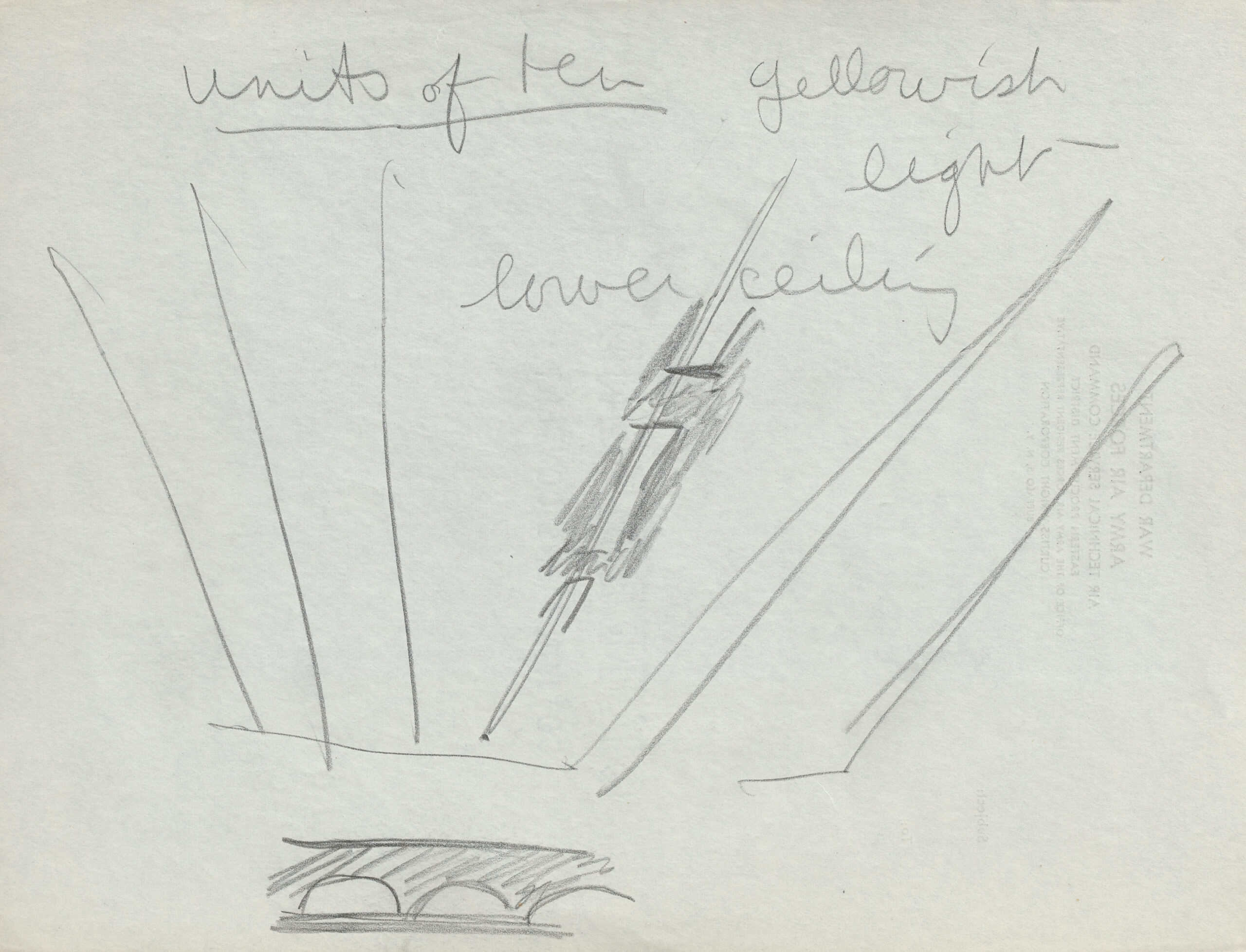 Pencil sketch of an aircraft factory ceiling with notations.