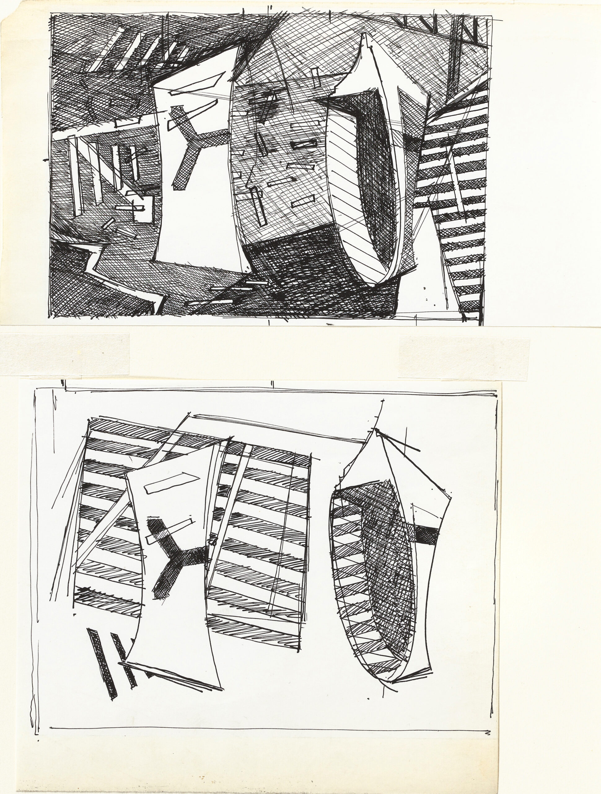 Two abstracted ink studies of fixtures and parts in an aircraft factory with cross-hatching and geometric and architectural shapes.
