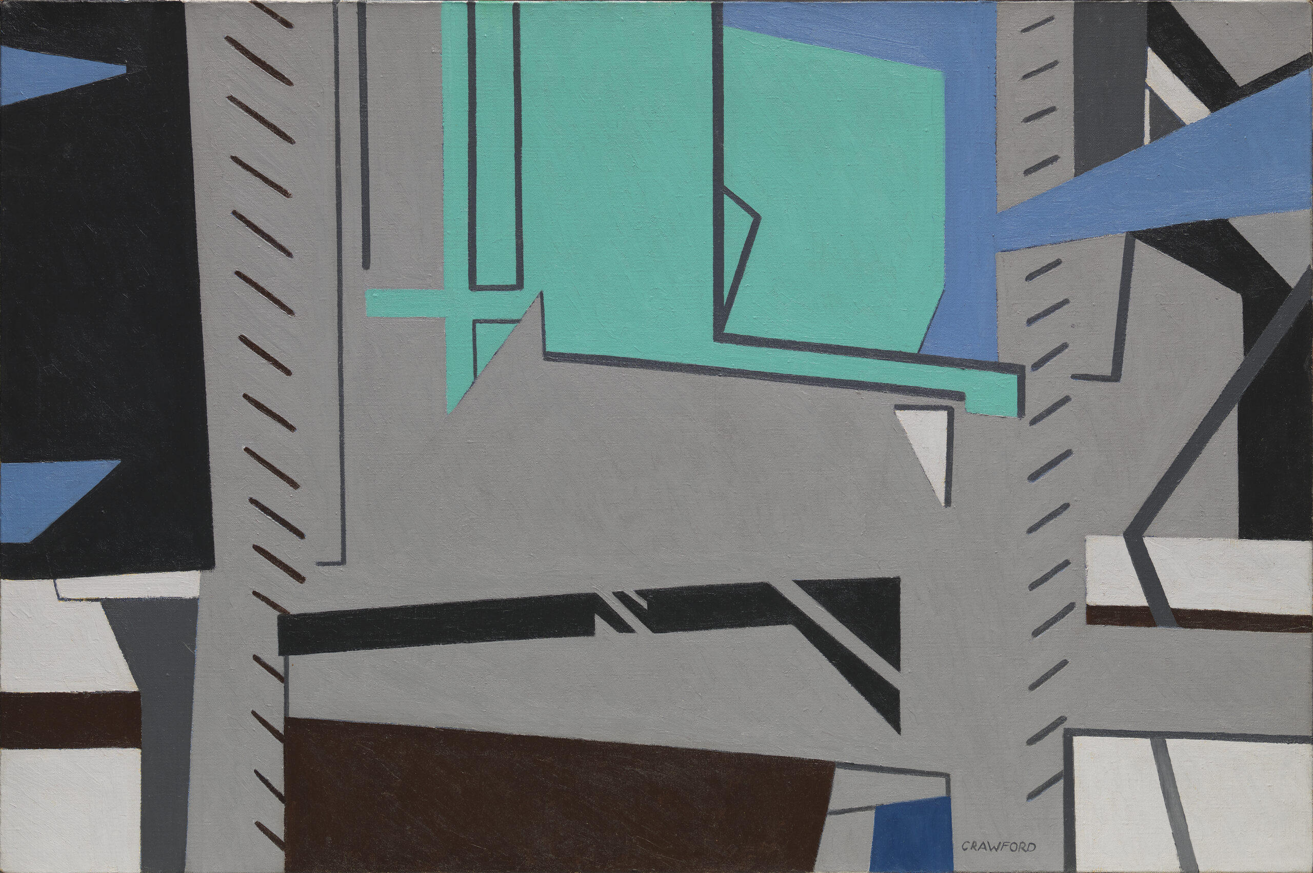 Geometric shapes of grey, teal, blue and black with diagonal dashes that outline a large grey shape resembling a building.