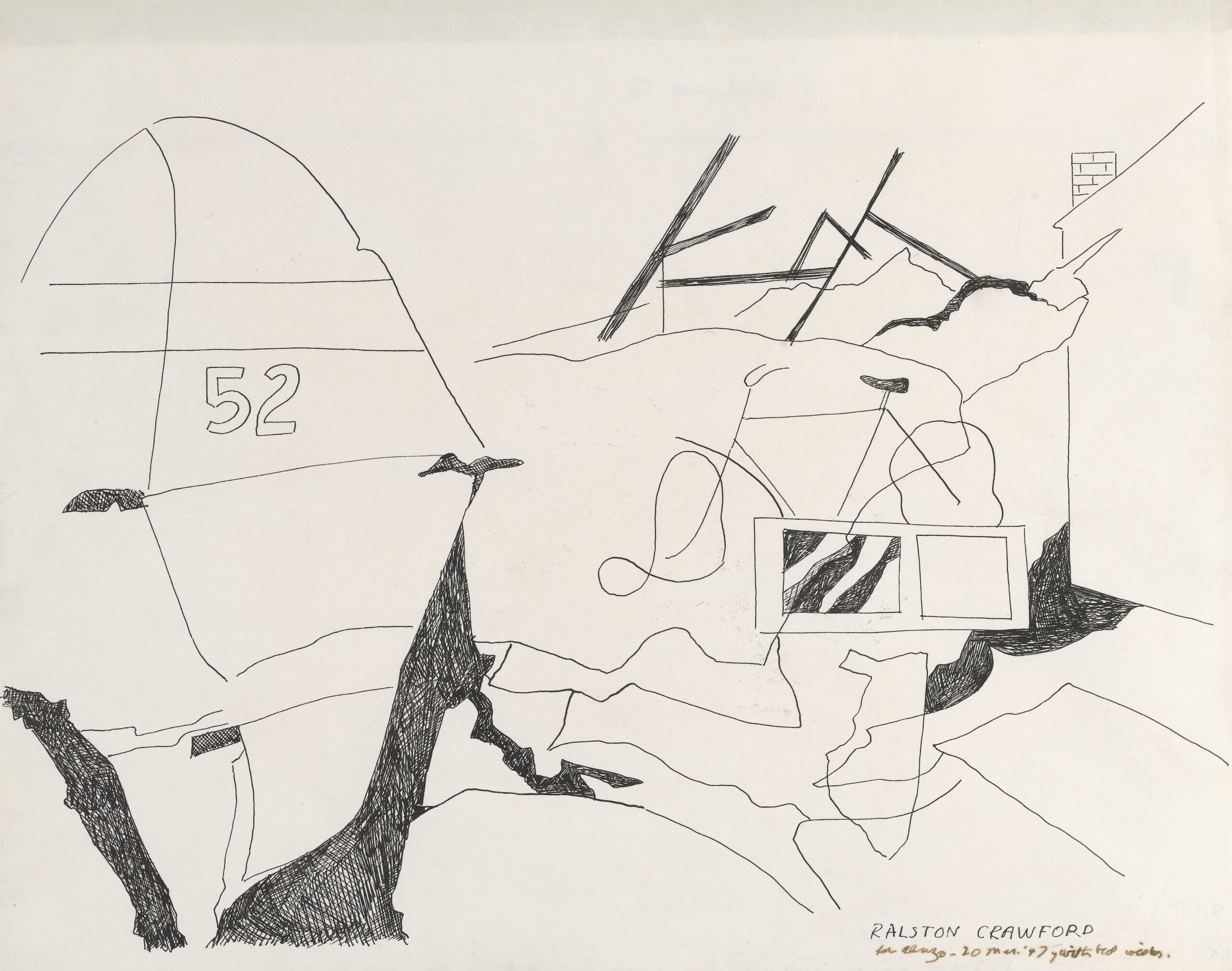 An ink drawing of a broken aircraft wing and a bicycle with broken wheels.