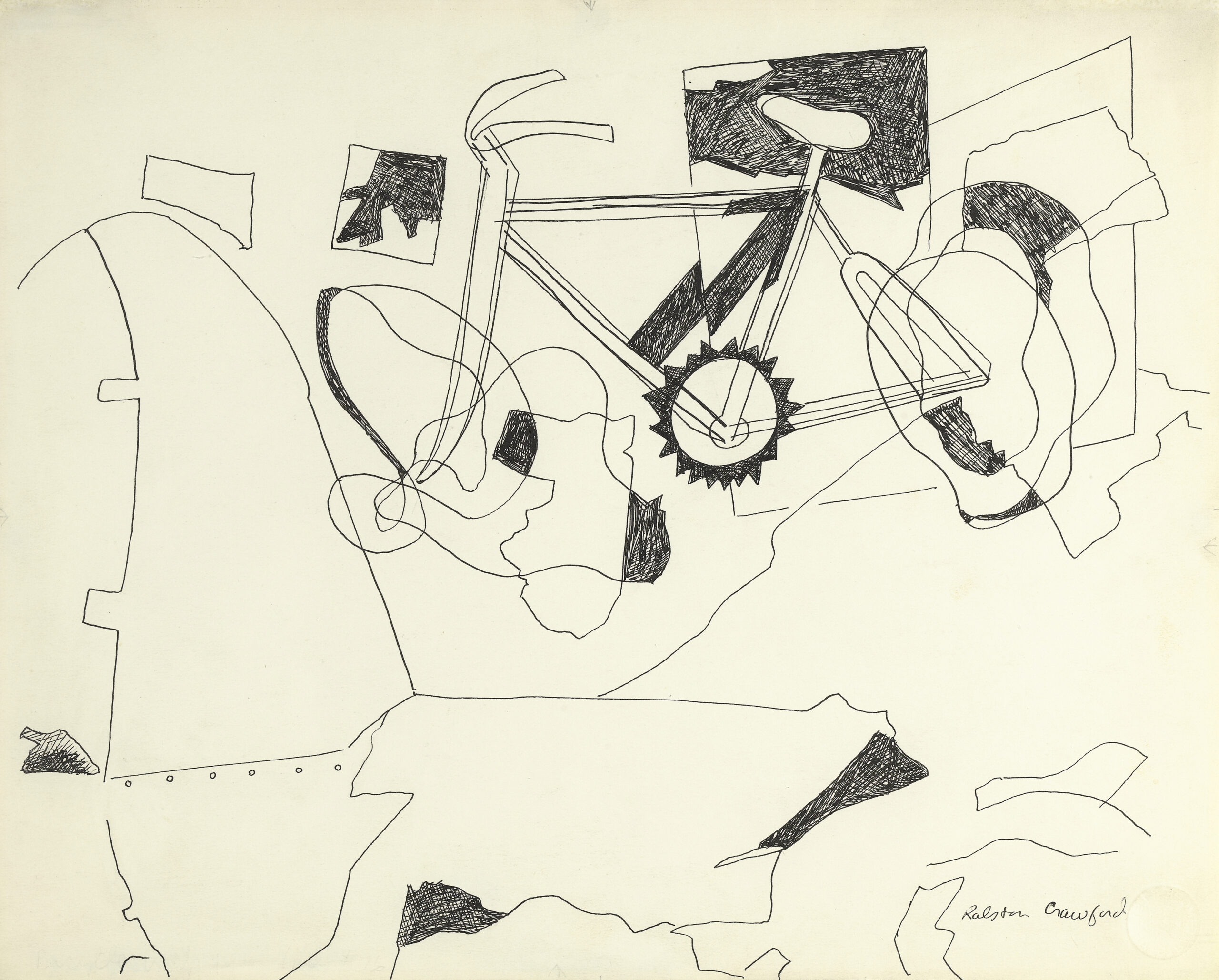 Ink drawing of an airplane crash surrounded by debris including a bicycle with broken wheels.