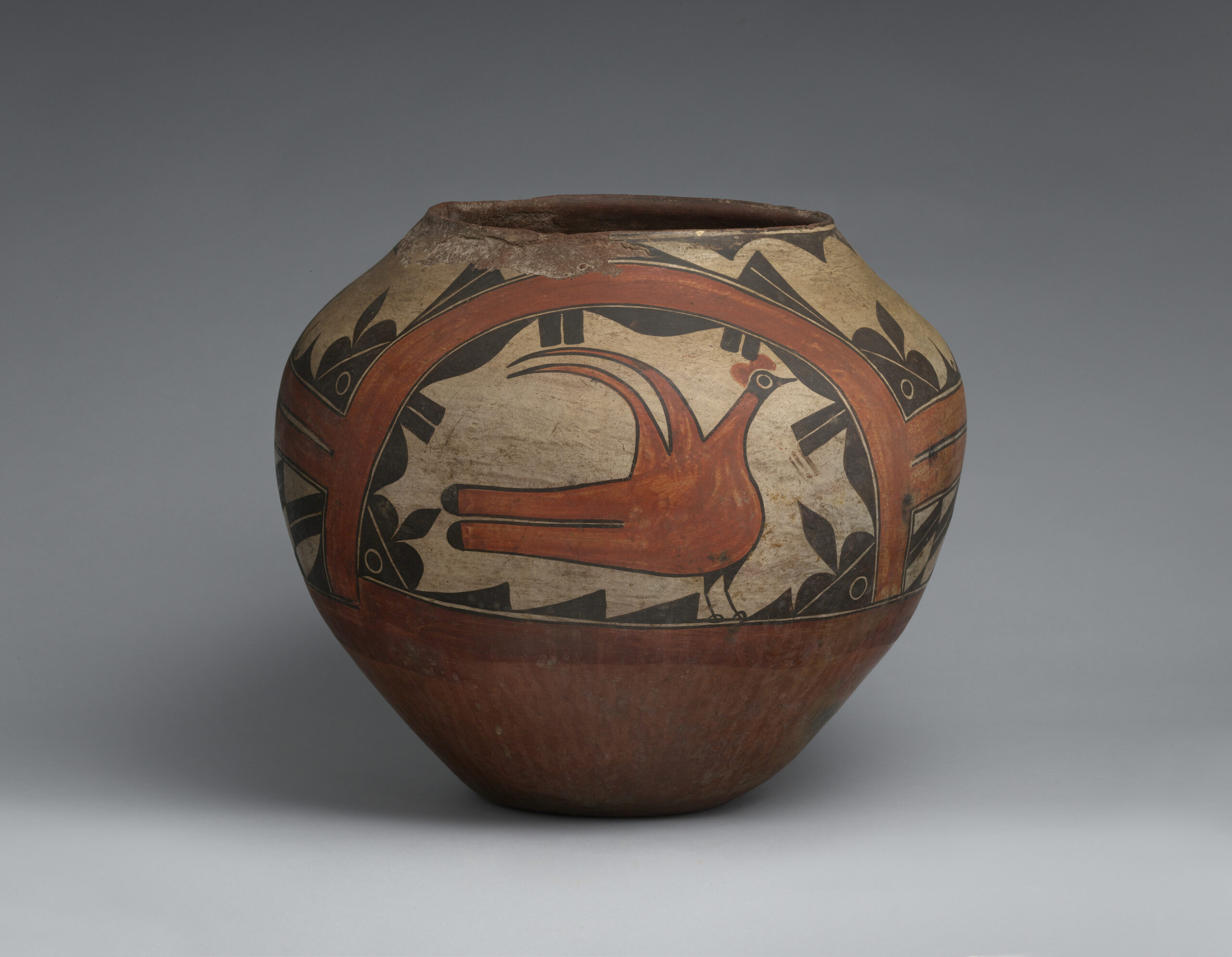 A Zia pot with a large bird in the center surrounded by black and brown patterns.
