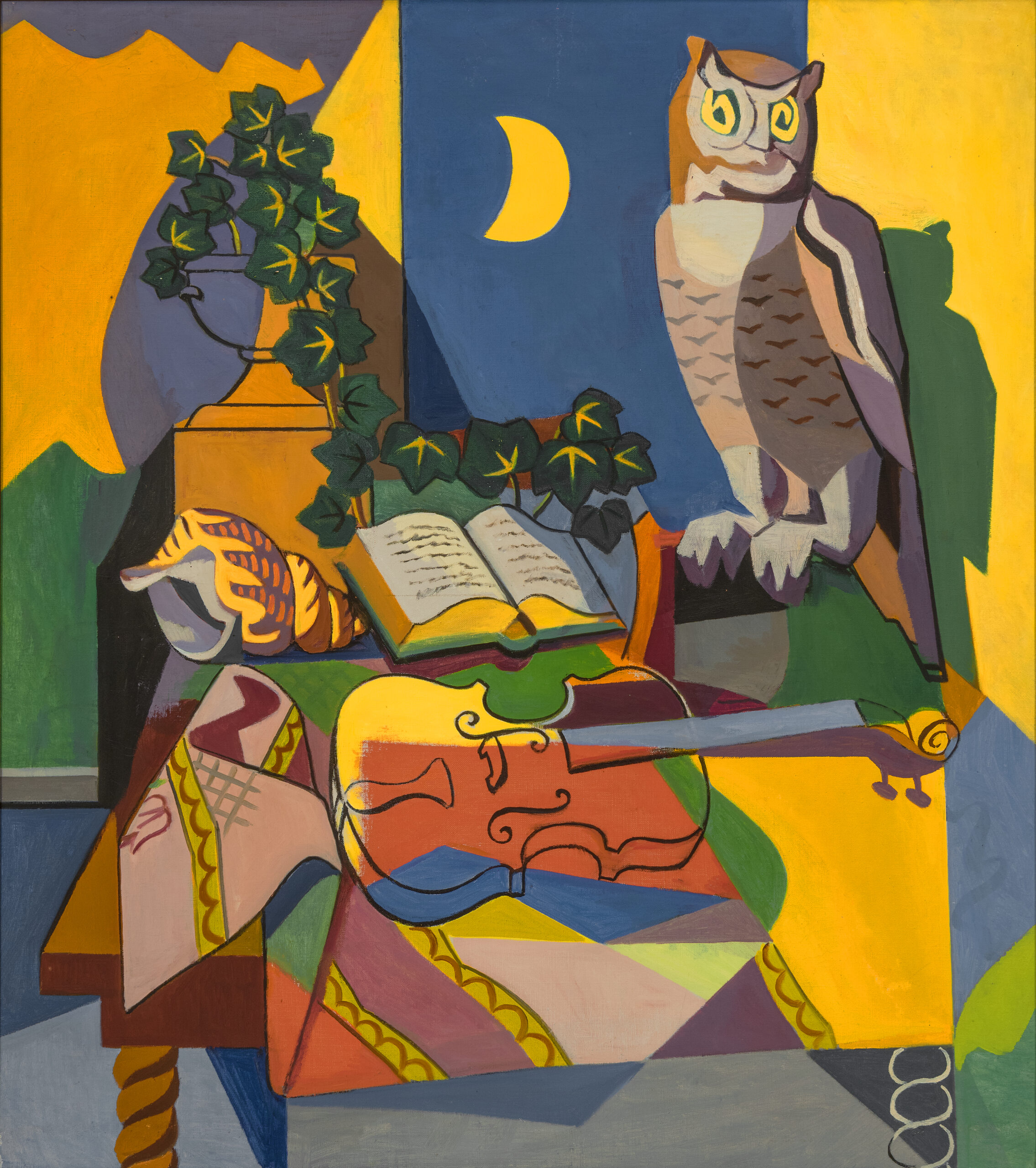 A still life painting featuring various objects including an owl, a violin, an open book, and a conch shell, on a table under a crescent moon.
