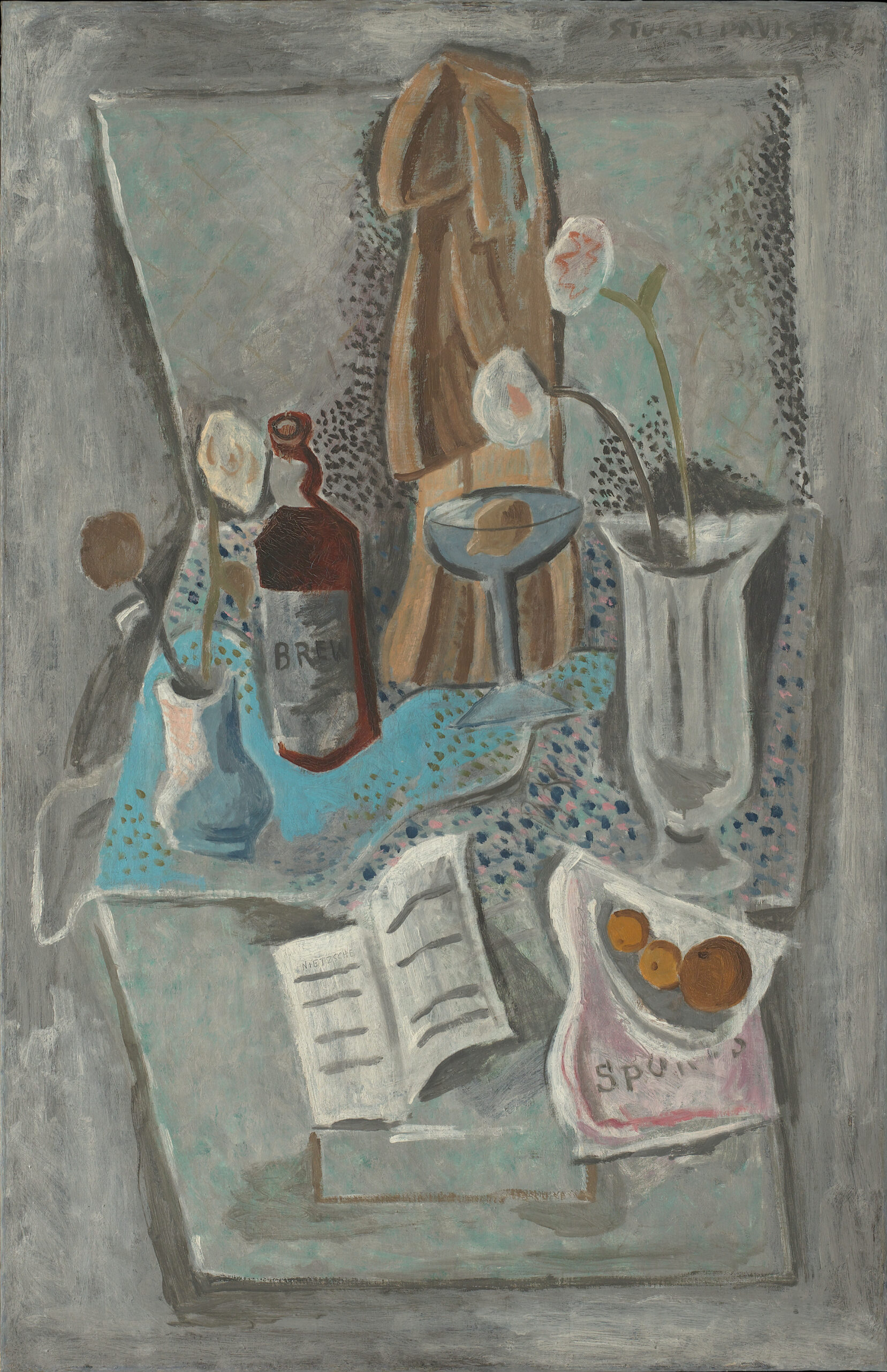Still life painting featuring vases, flowers, fruits and books on a table in a predominately blue palette.