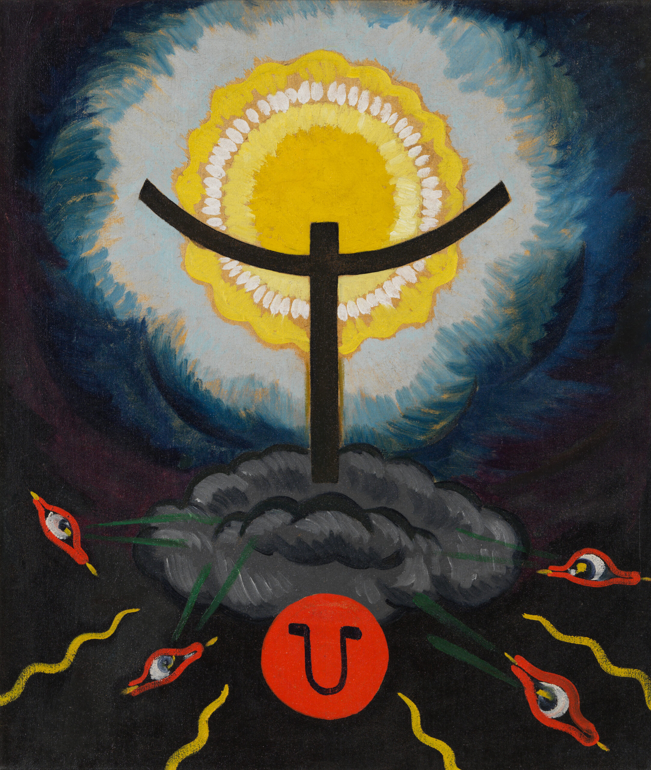 A black cross on a cloud in front of a yellow moon and a crowd of red eyes.