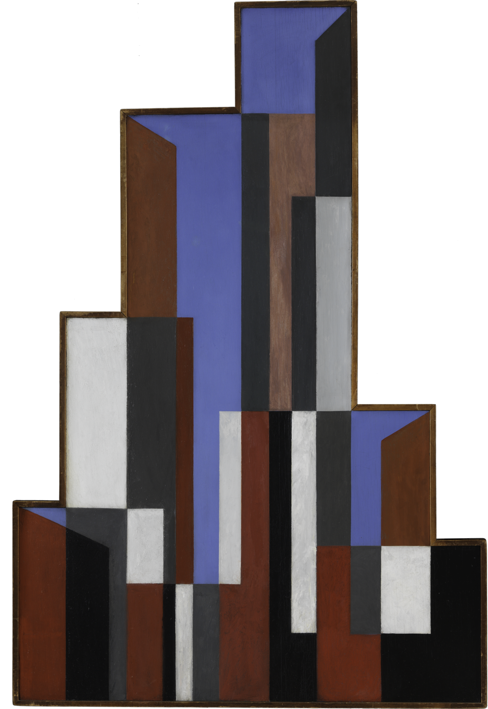Tall vertical rectangles of red, grey, white, and black arranged to mirror a cityscape in front of a blue sky.