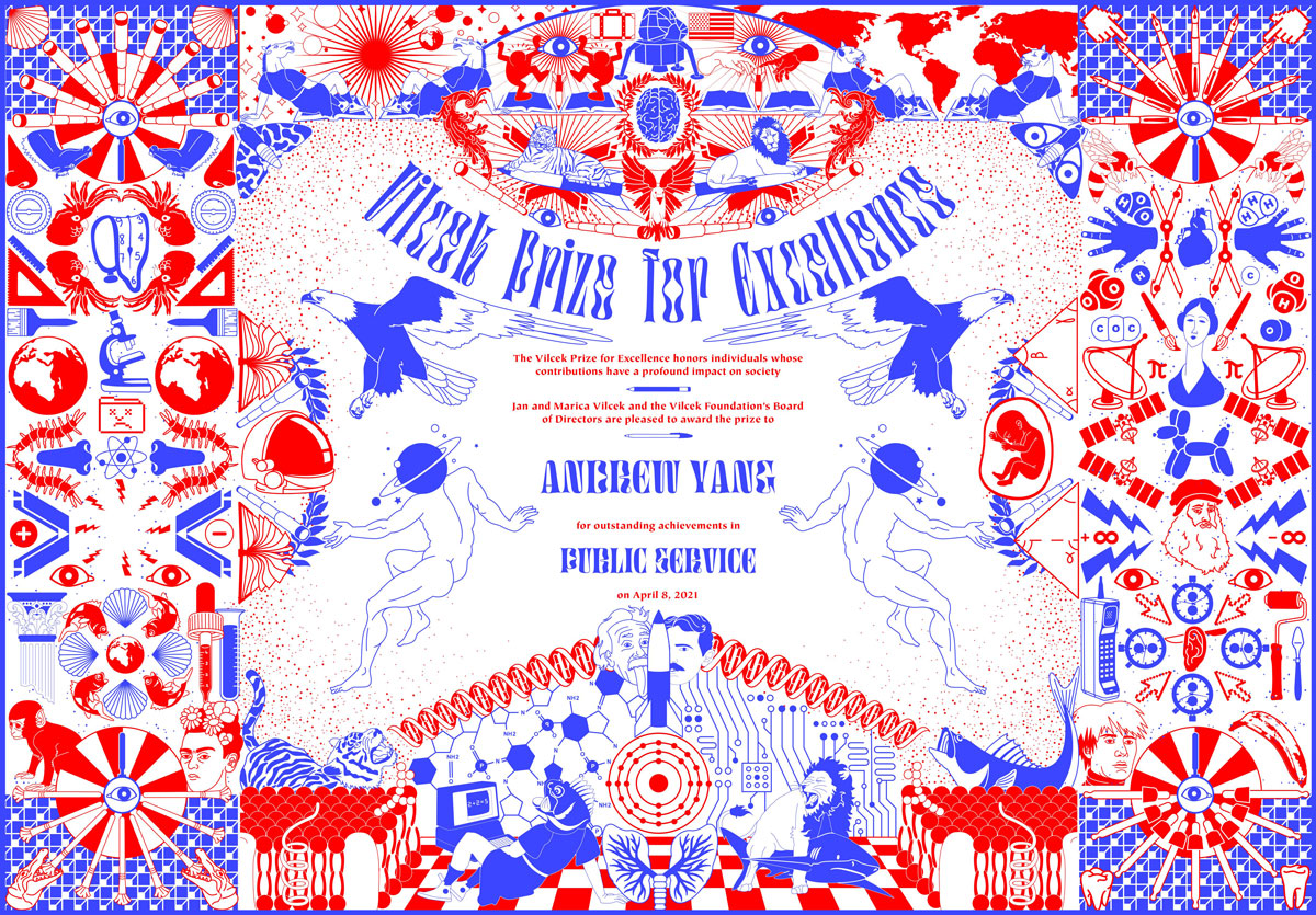 A blue and red certificate with geometric designs.