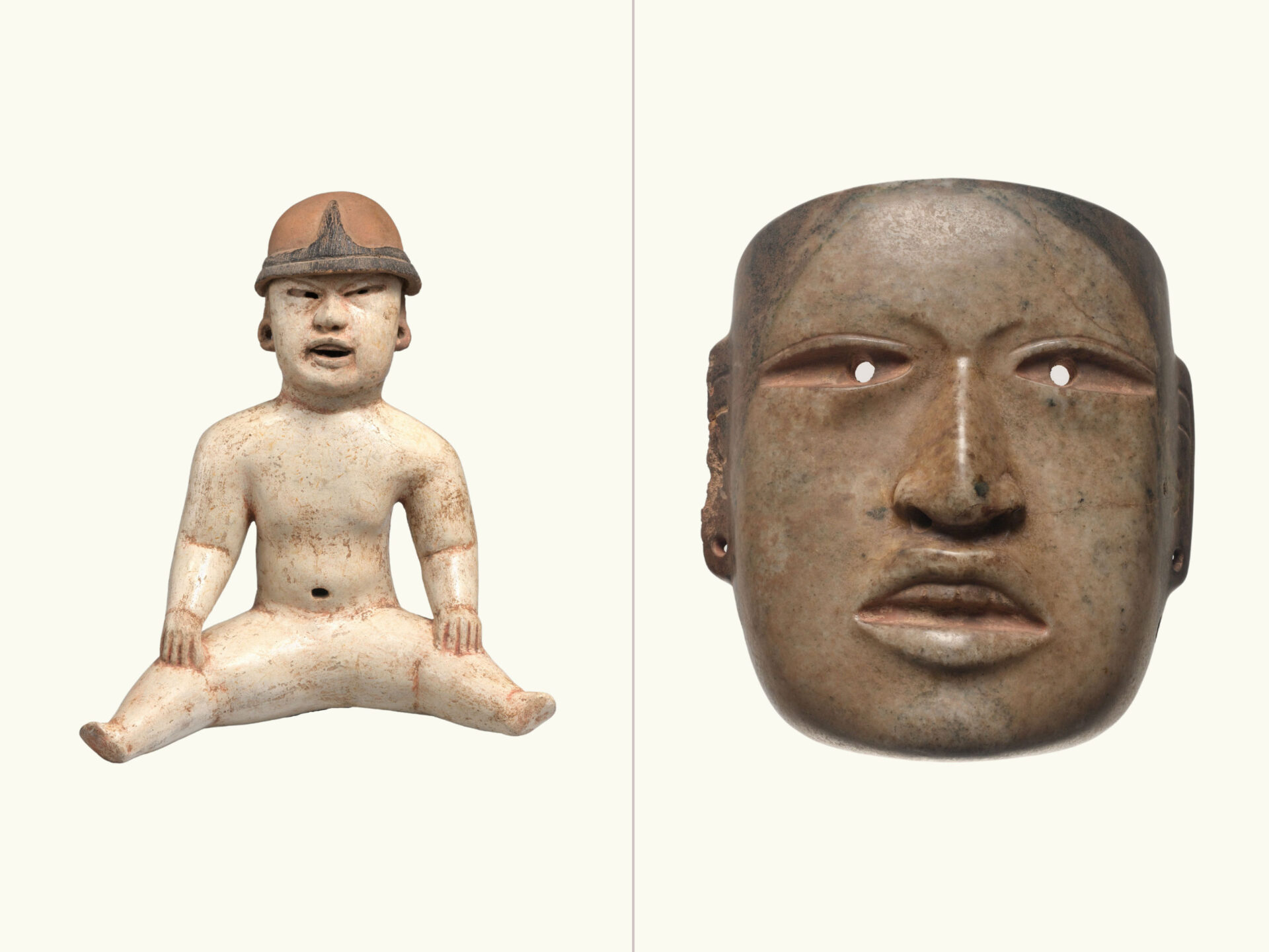 A comparison of two objects: white seated ceramic figure of a baby (left) and a brown stone mask with large nose and defined lips (right).