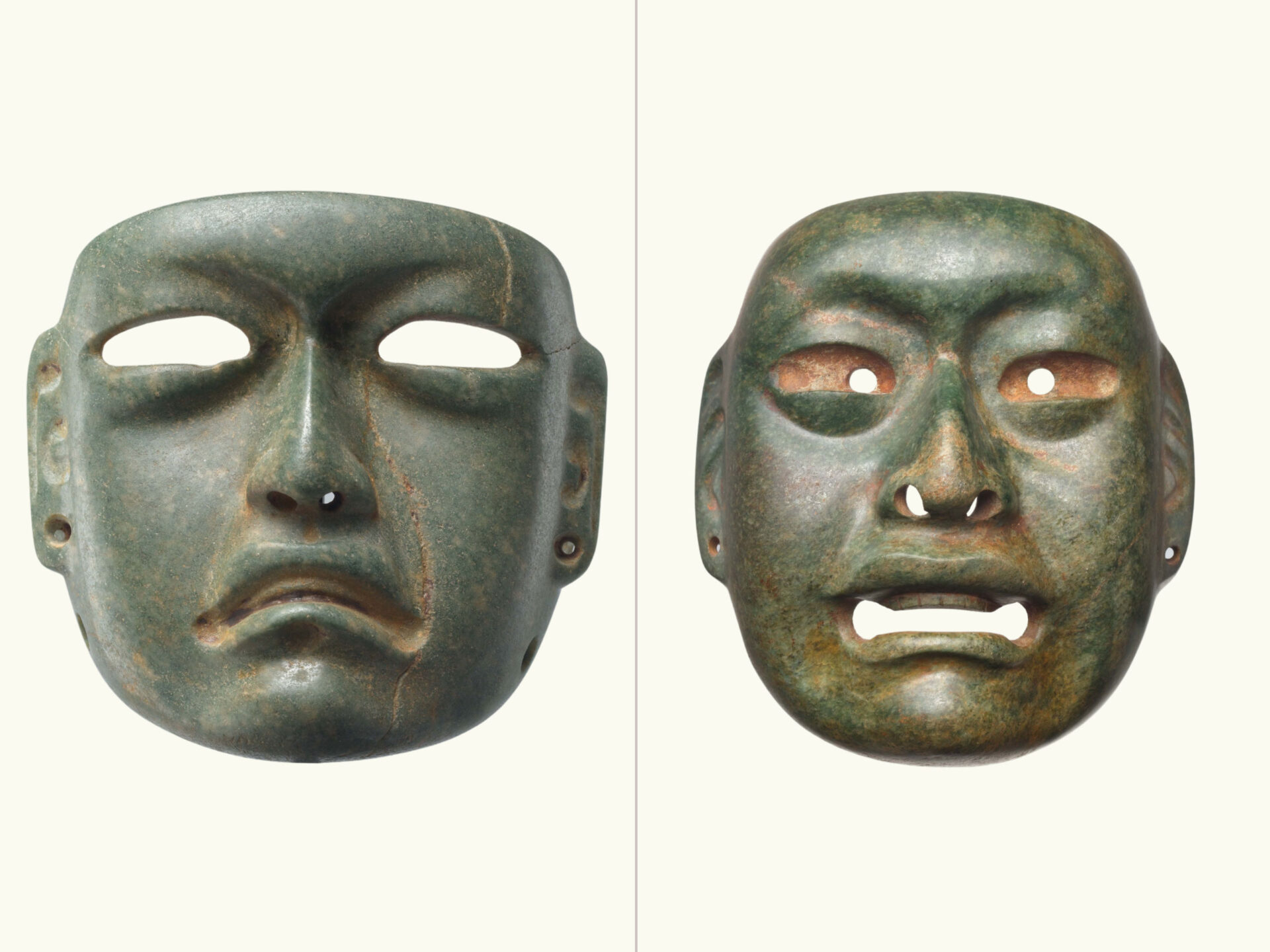 A comparison of two green masks: face with defined nose and space for eyes (left) and defined face with holes for pupils, nostrils and mouth (right).