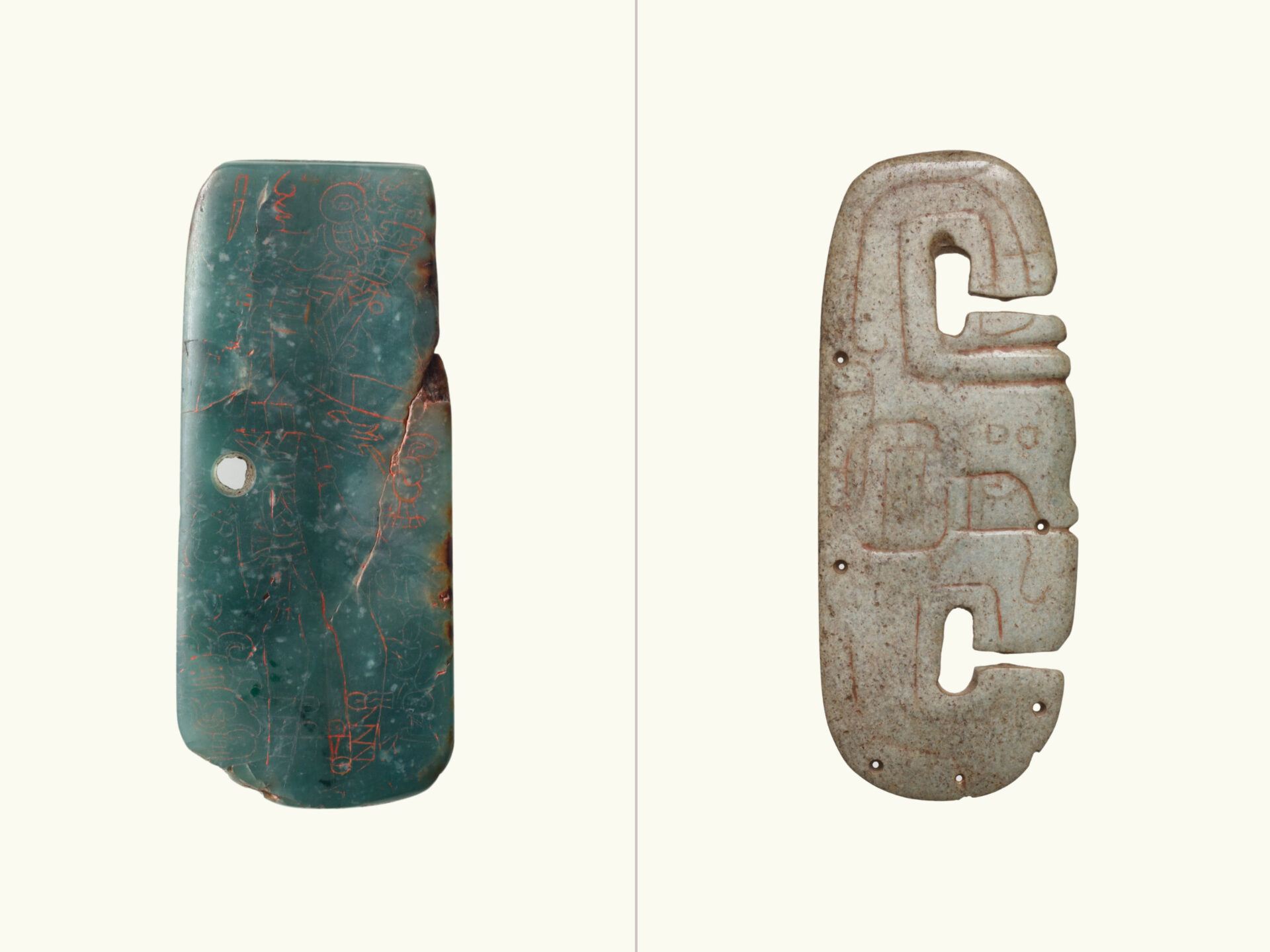 A comparison of two objects: translucent blue-green jade with orange pigment plaque (left) and light green jadeite plaque (right).