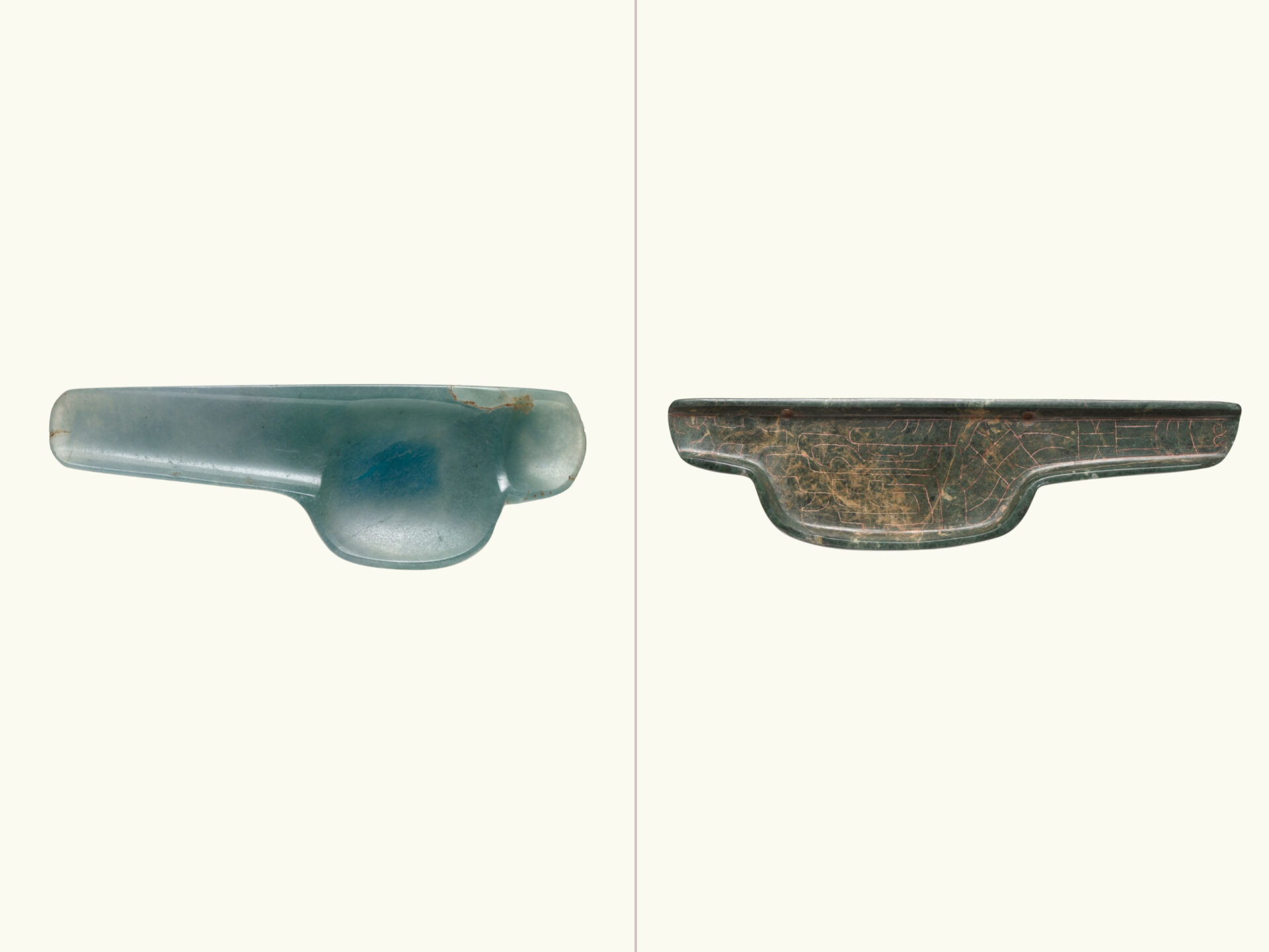 A comparison of two stone objects: blue-green jade tablet/"spoon" (left) and green stone spoon (right).