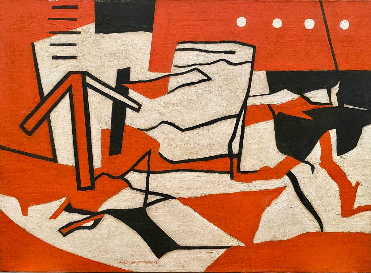 Orange background with black and white shapes and solid white lines.