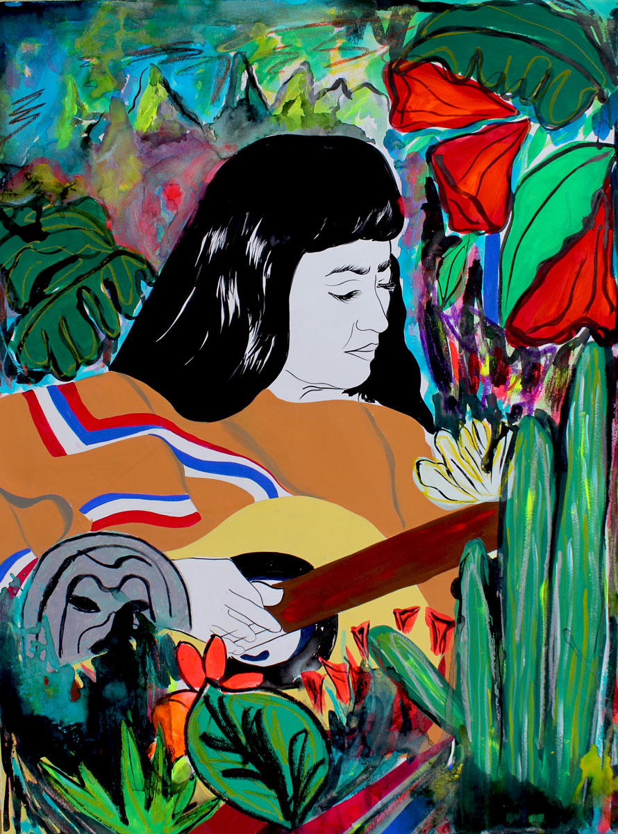 Colorful portrait of Violeta Parra playing the guitar.