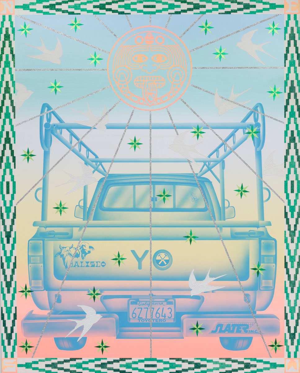 Truck with an abstract sun above it.
