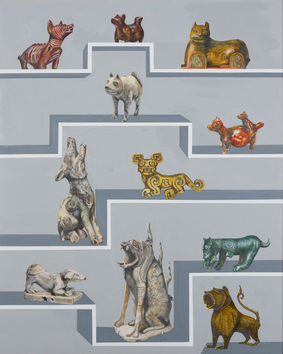 Various figurines of dogs posing.