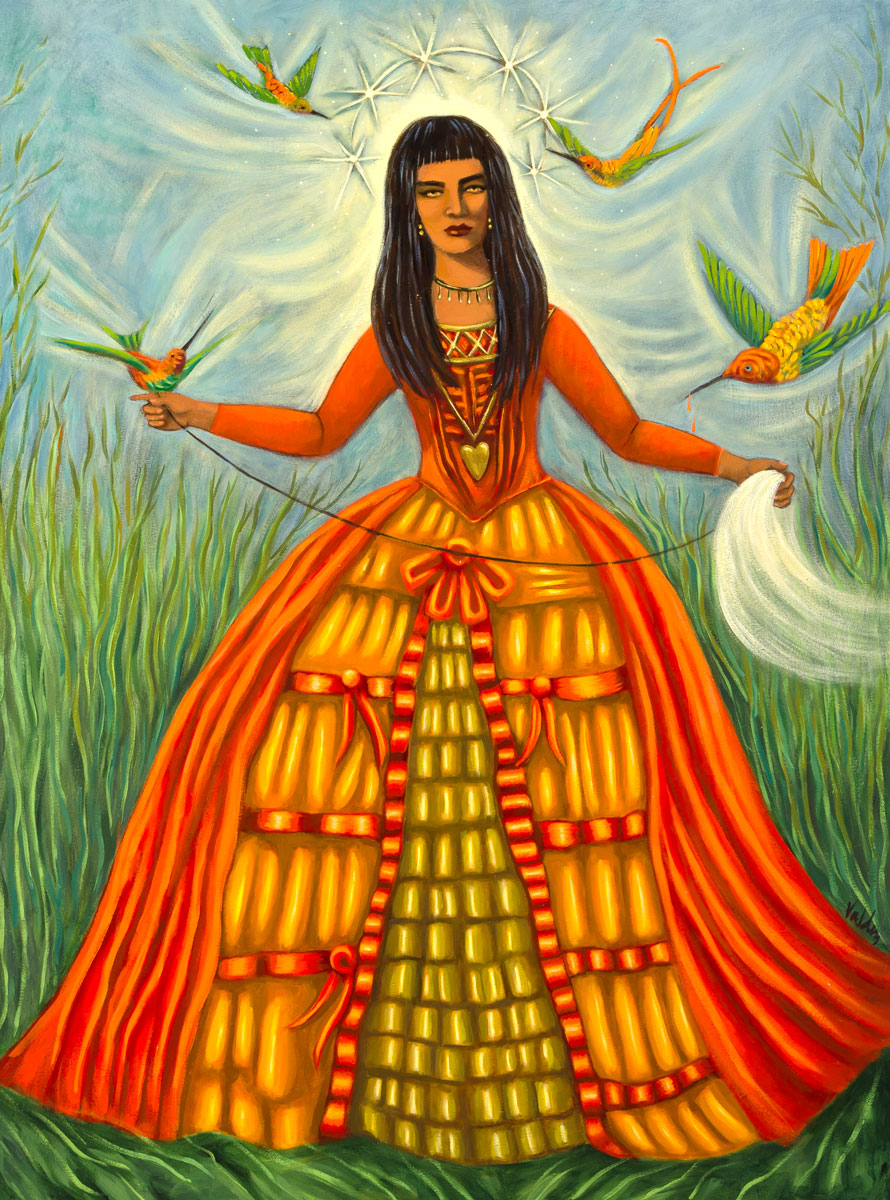 Woman in an orange Victorian-style dress surrounded by birds.