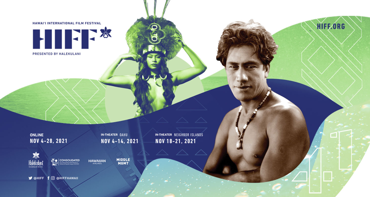 The 2021 HIFF official banner graphic in green and blue with Native Hawaiian people pictured. 