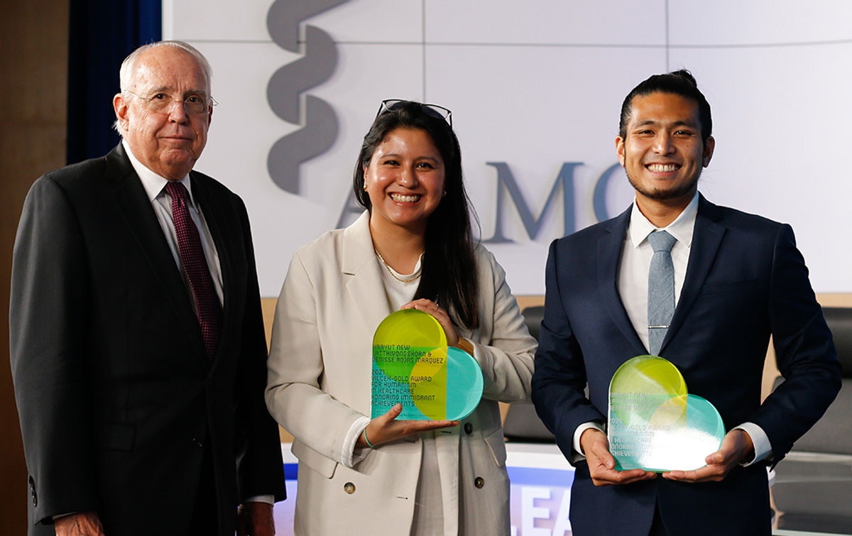 Dr. Darrell Kirch, "New" & Denisse pictured at the AAMC with their 2021 Vilcek-Gold awards.