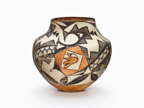 An Acoma jar decorated with a yellow bird and abstract geometric shapes and lines in black, white, and yellow.