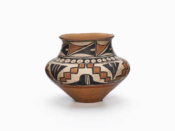 A San Ildefonso jar with three bands of black and brown geometric designs.