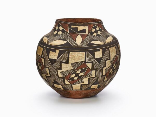 An Acoma jar with two bands of checkered, linear, and geometric patterns in black, beige, and rust-brown pigments.