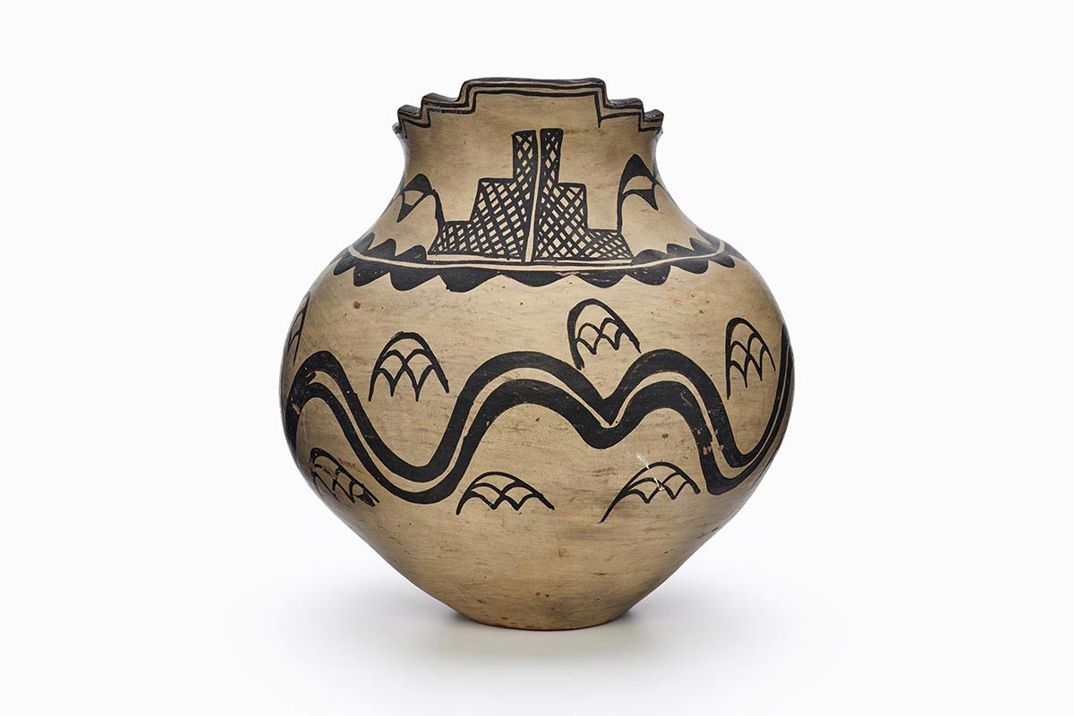 A San Ildefonso pot with a stepped lip.