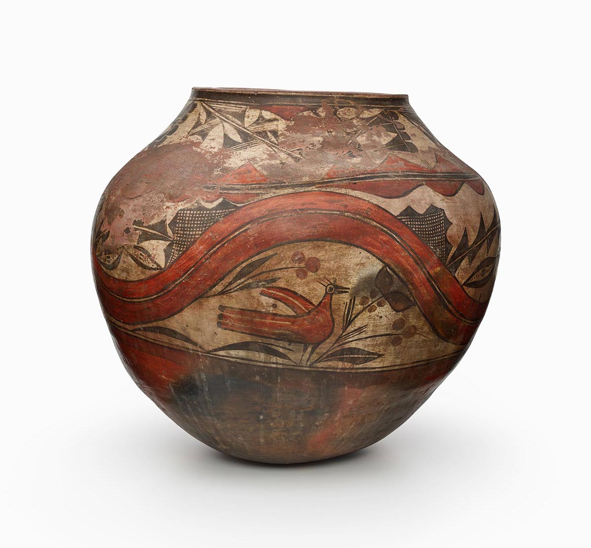 A Zia jar decorated with two bands of designs, including birds, flowers, plants, and geometric shapes.