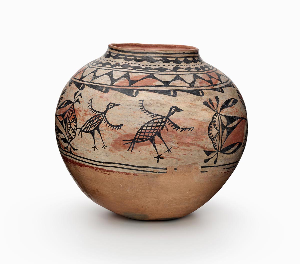 A Tesuque jar with bird forms that are framed with cloud banks and leaf motifs.