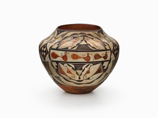 Beige Acoma pot with various geometric shapes and patterns in brown and black, and a row of three identical animals in the center.