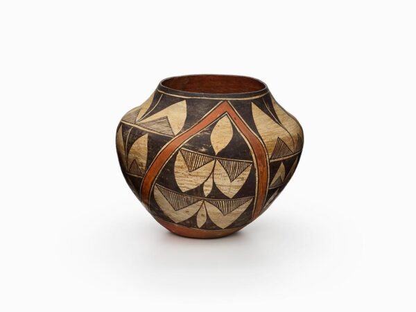 Acoma jar painted beige, rust orange, and black, with an abstract bird design.