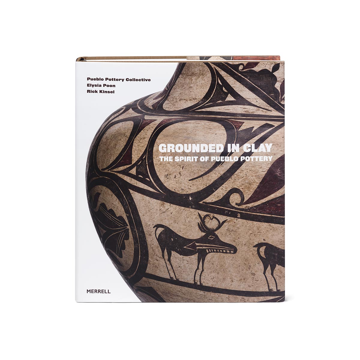 The book cover for Grounded in Clay, with a close-up of a Pueblo pot featuring deer.