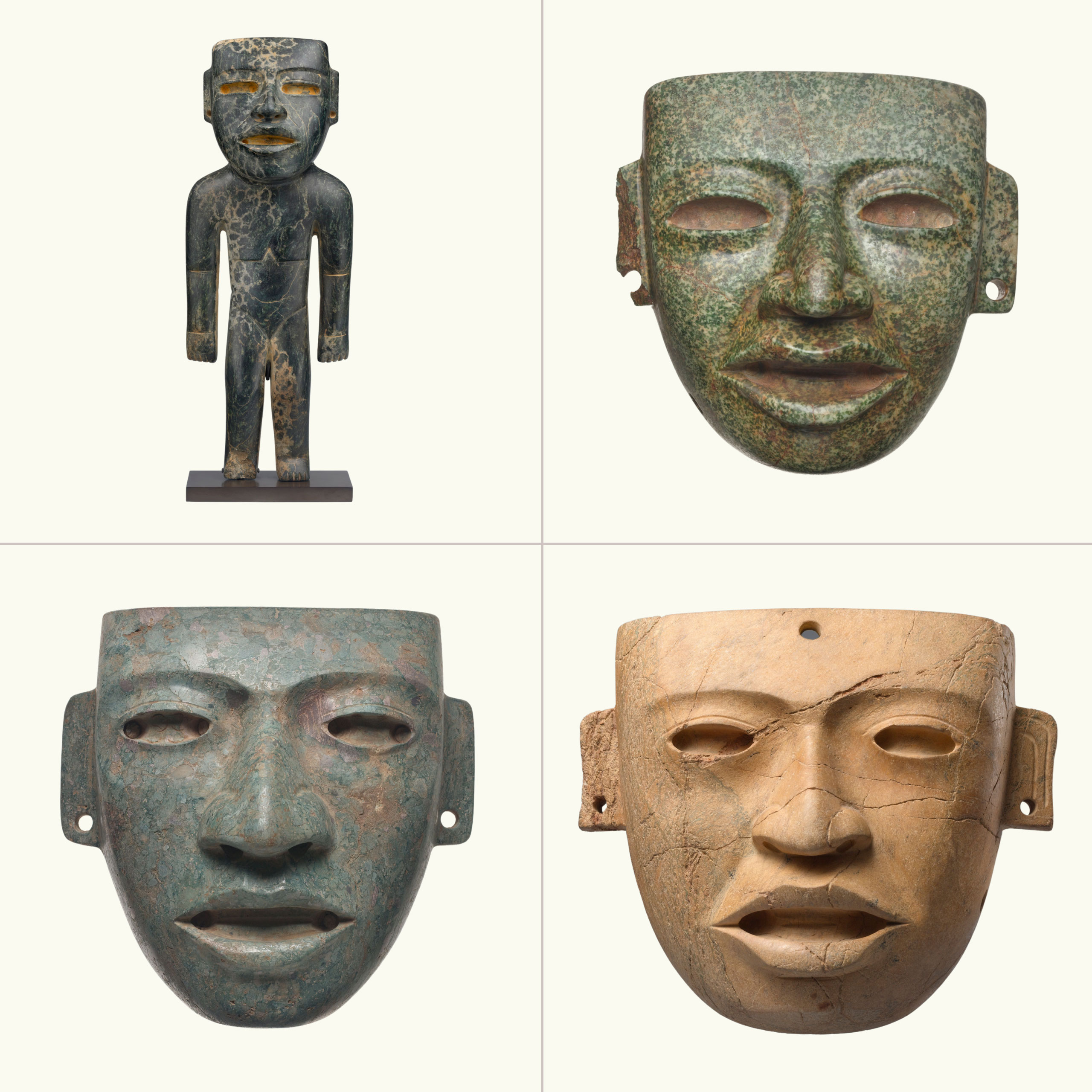 A comparison of four objects: 1. a green stone standing figure, 2. a mottled green jade mask, 3. a green stone mask with pronounced features, and 4. a light-brown stone mask.