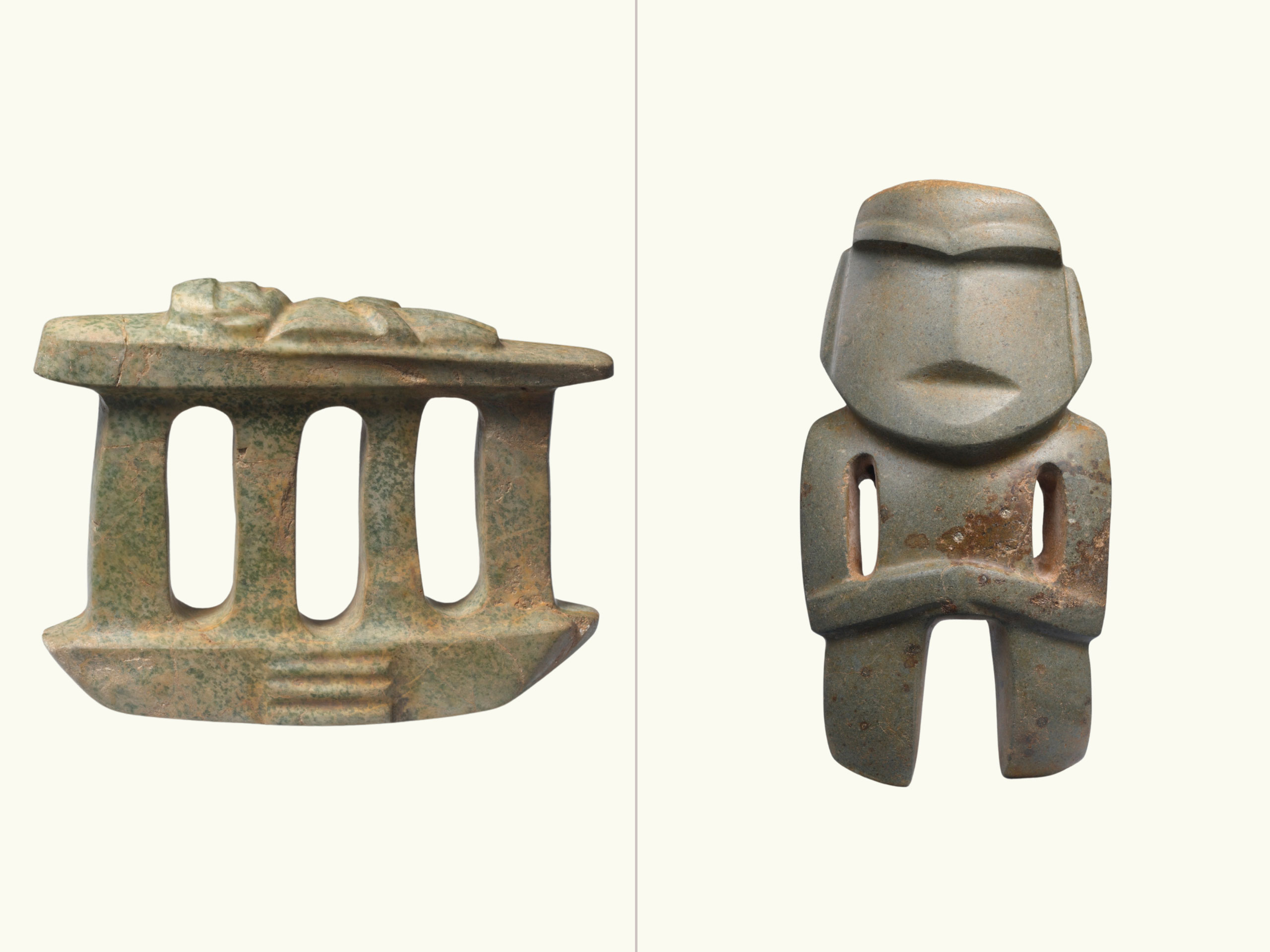 A comparison of two objects: a green stone 4 column temple with figure on the roof, and a stone figure with pronounced eyebrows and limbs.