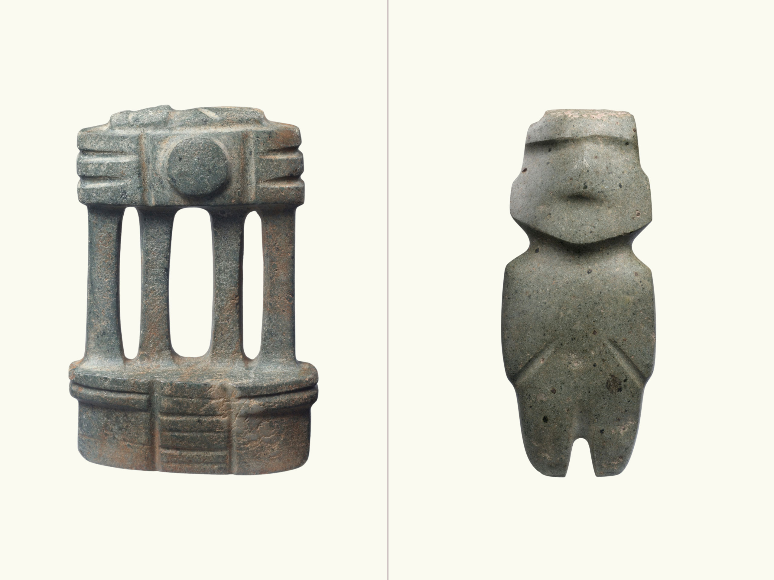 A comparison of two objects: a 4 column temple in green/grey stone, and a green/grey stone standing figure with slits.