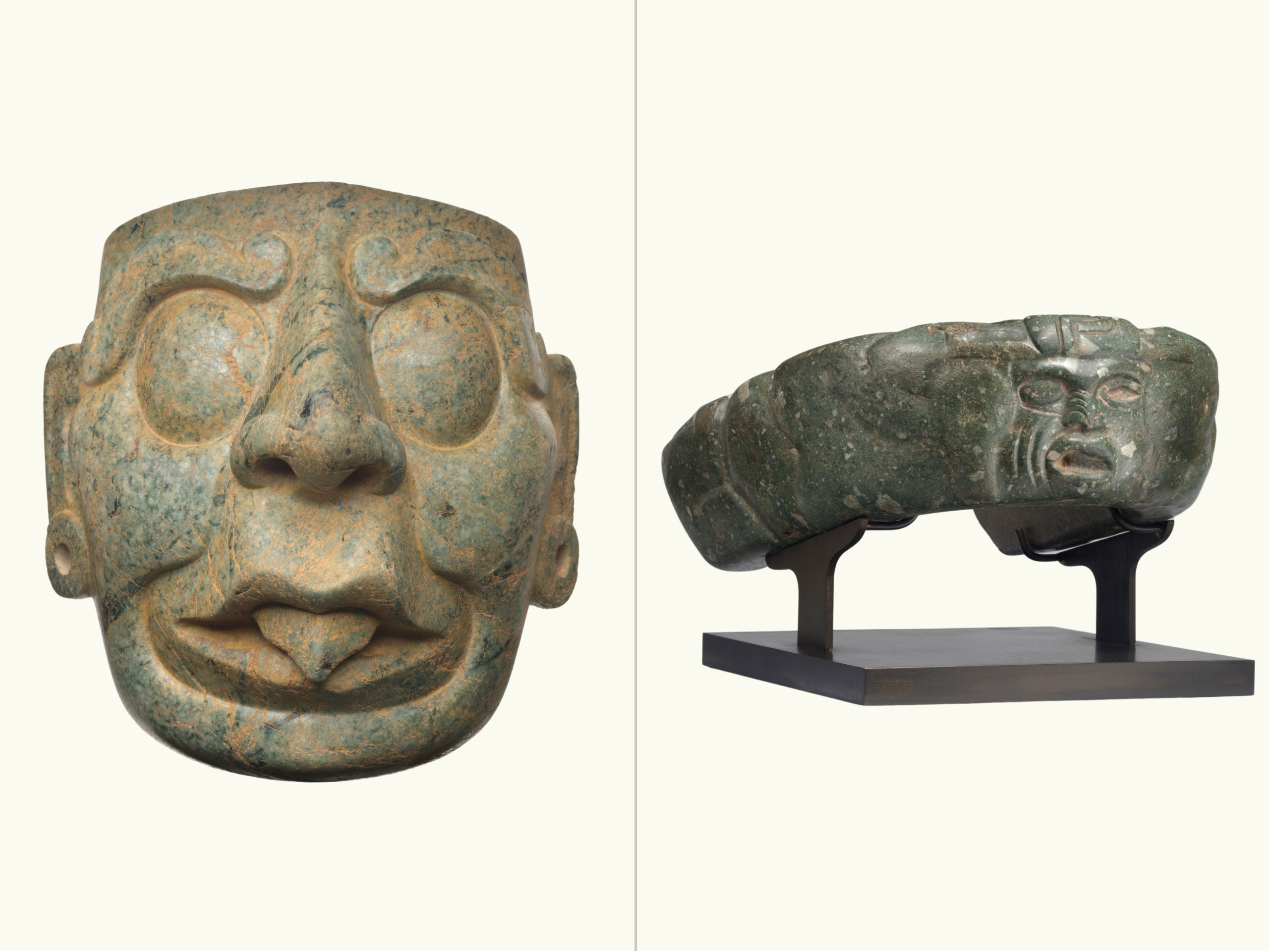 A comparison of two Maya works: an expressive stone mask with protruding tongue (left) and a stone yolk (right).