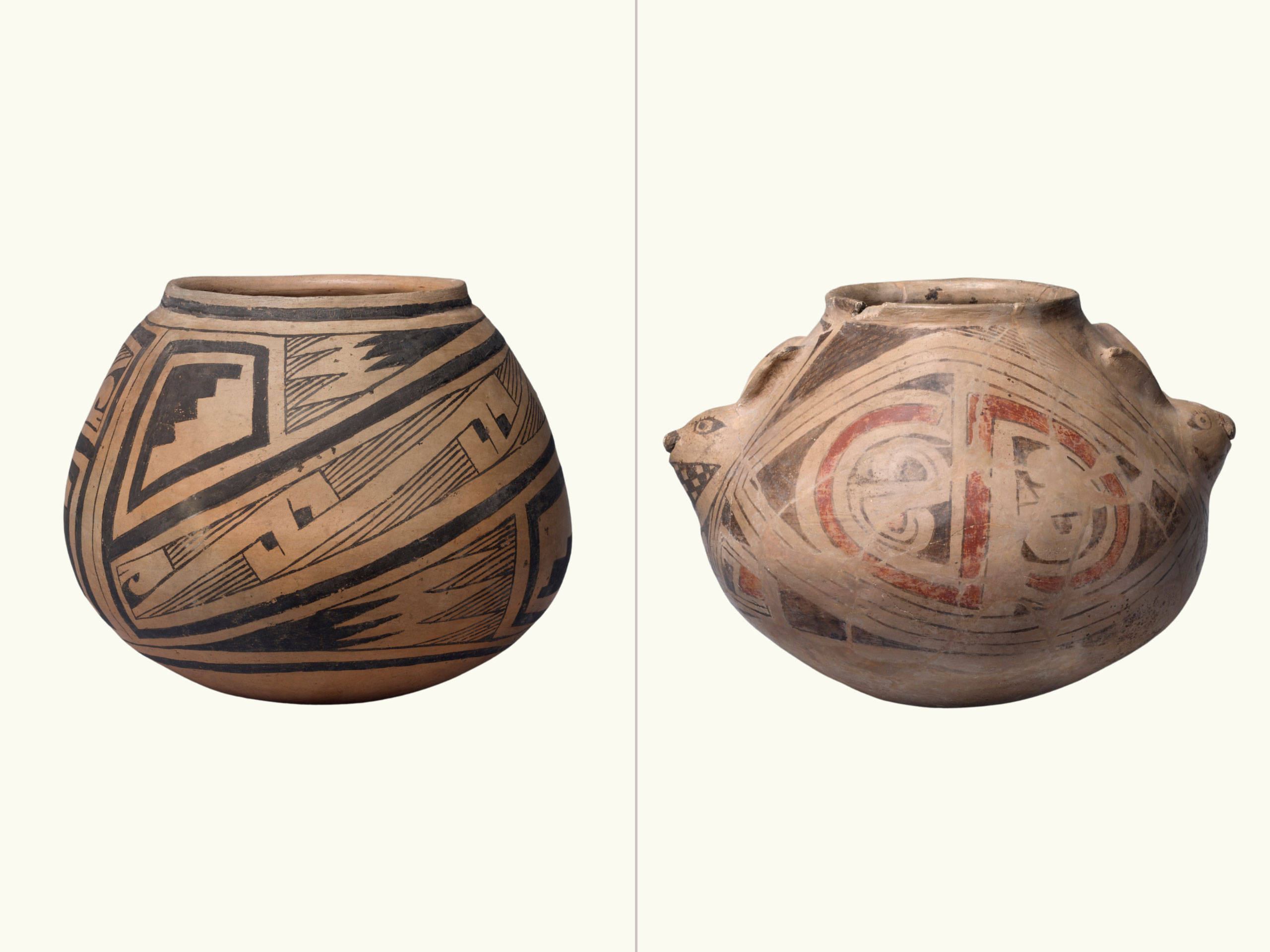 A comparison of two objects: A polychrome painted ceramic bowl with thick-lined geometric shapes and, a polychrome painted ceramic bowl with rabbit heads on either side of the bowl.