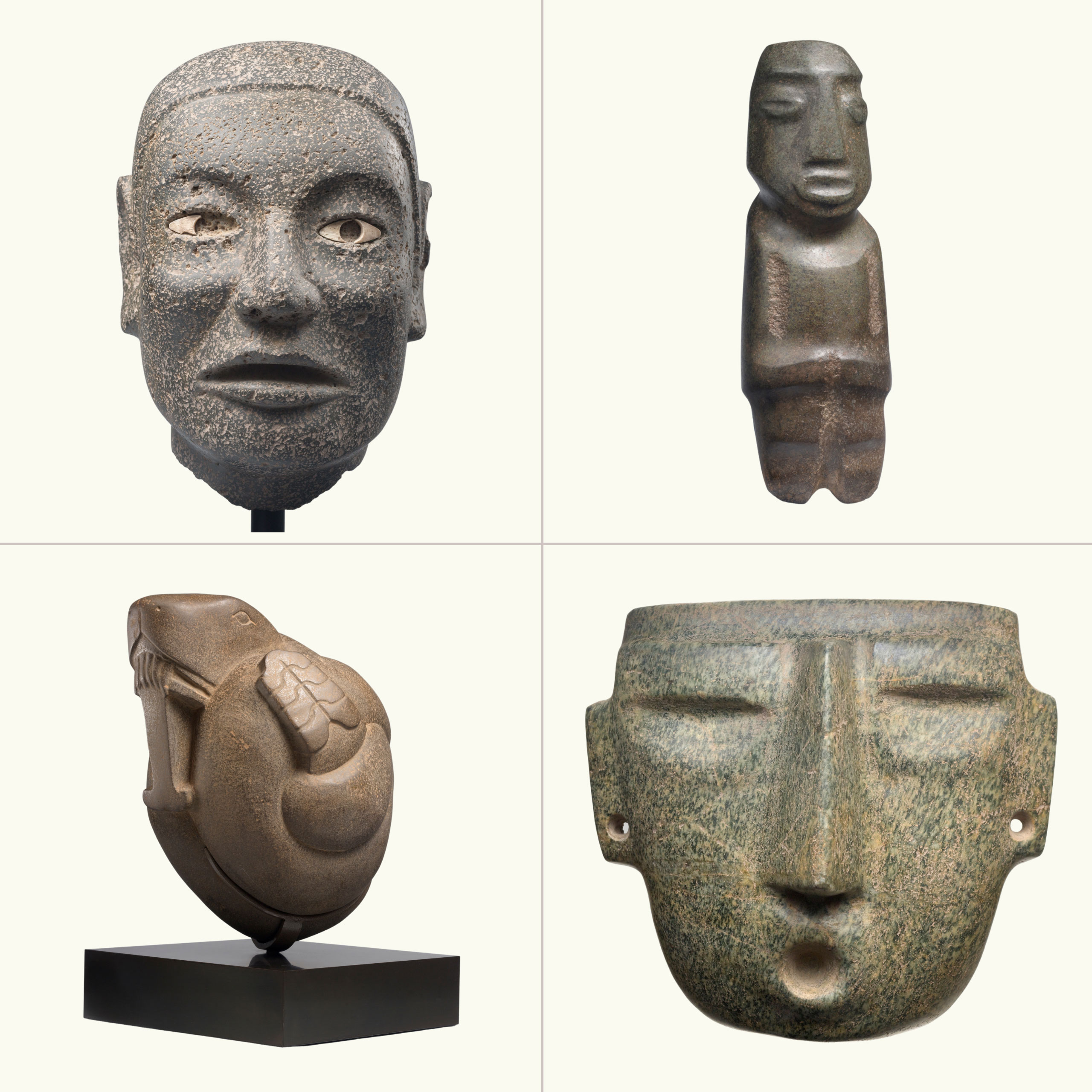 A comparison of 4 objects: 1. A basalt life-sized head with facial features, 2. A dark-green standing figure made of diorite, 3. a coiled brown rattlesnake made of mottled volcanic stone, and 4. A pale green mask made of mottled stone.