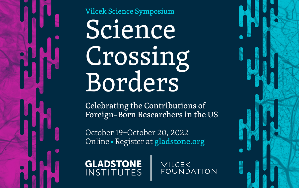 Graphic text reading "Science Crossing Borders" with a purple and teal design.