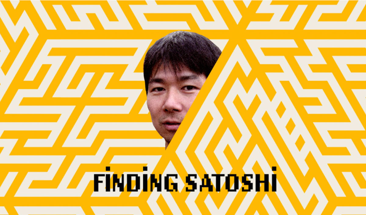 The face of Satoshi framed by a yellow and white geometric pattern.